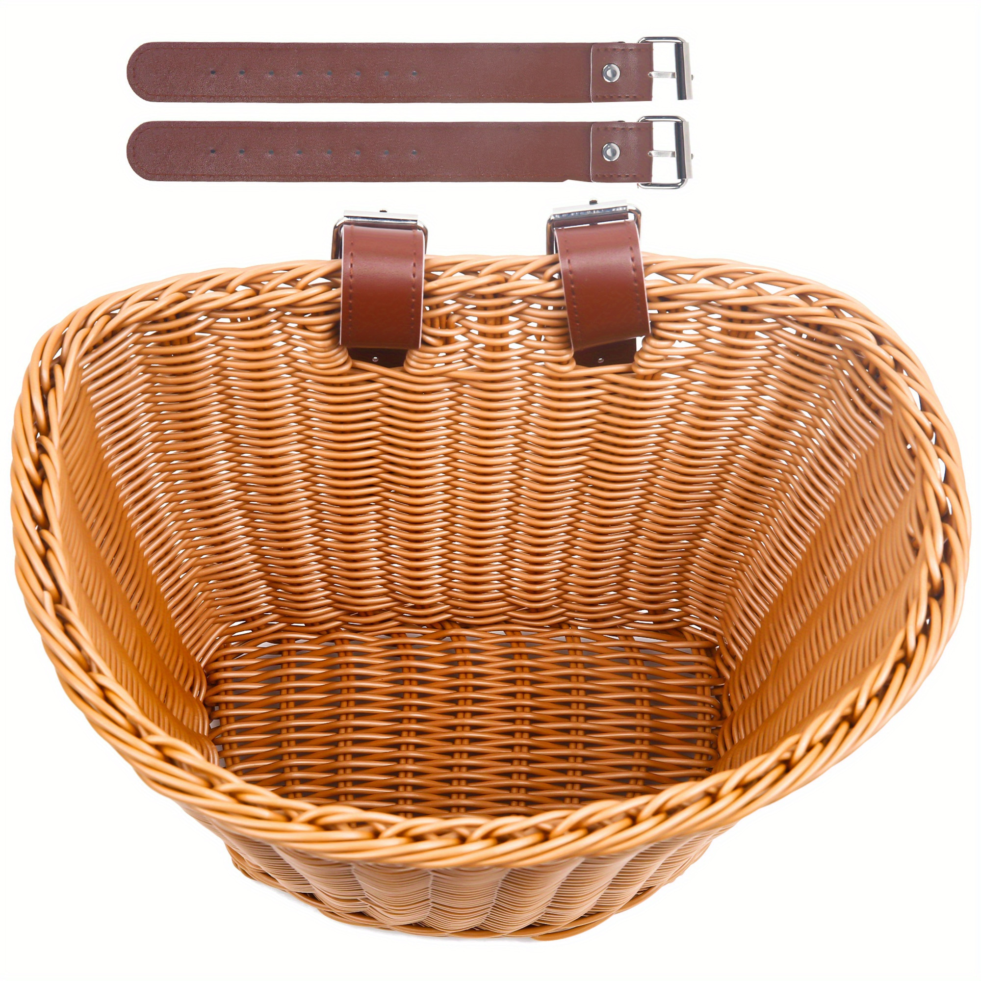 

Durable Woven Plastic Bike Basket - Front D-shaped Handlebar Storage With Adjustable Leather Straps For Outdoor Cycling