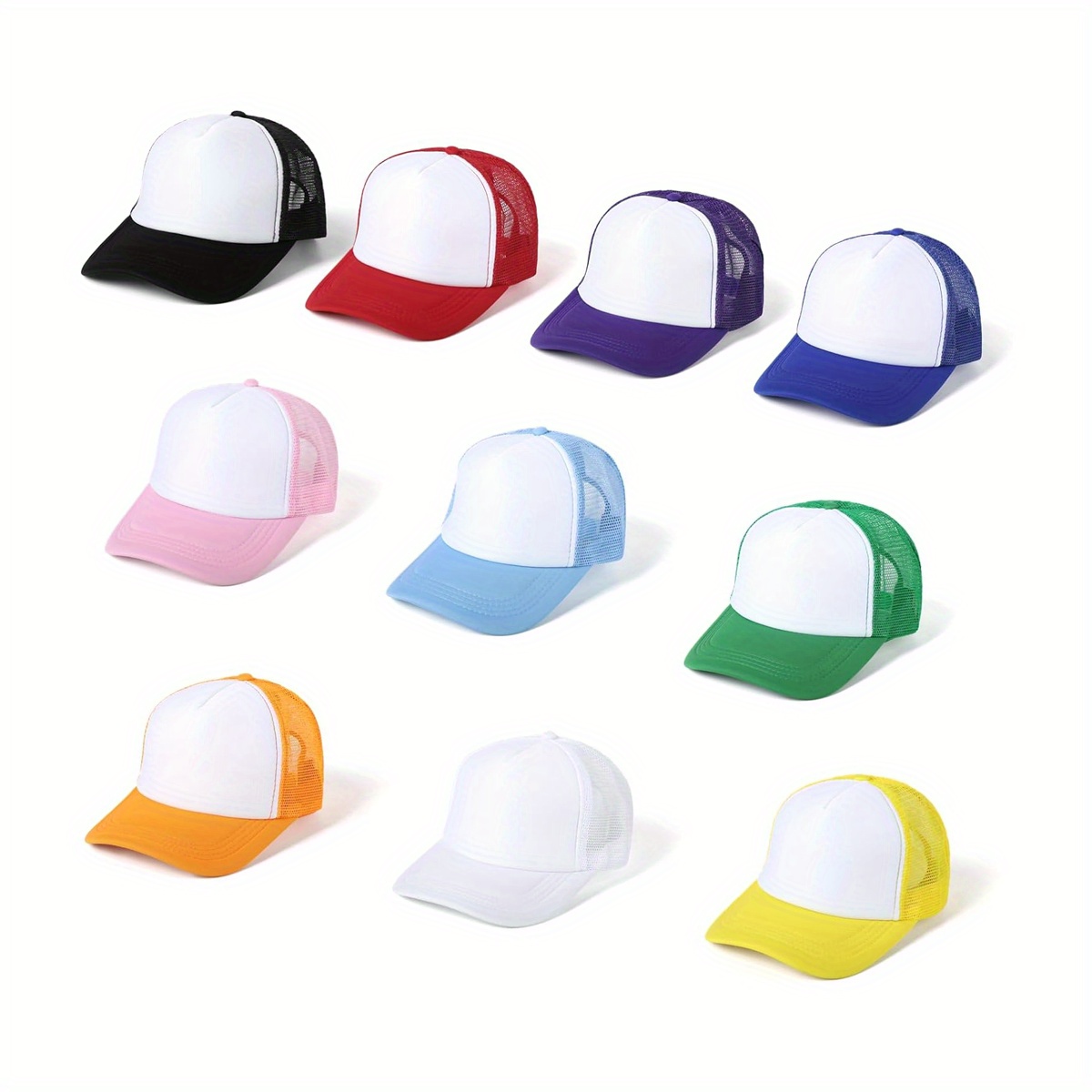 

10pcs Blank Sublimation Trucker Hats, Plain High Crown Foam Front Mesh Back Caps, Adjustable Snapback For Diy Customization