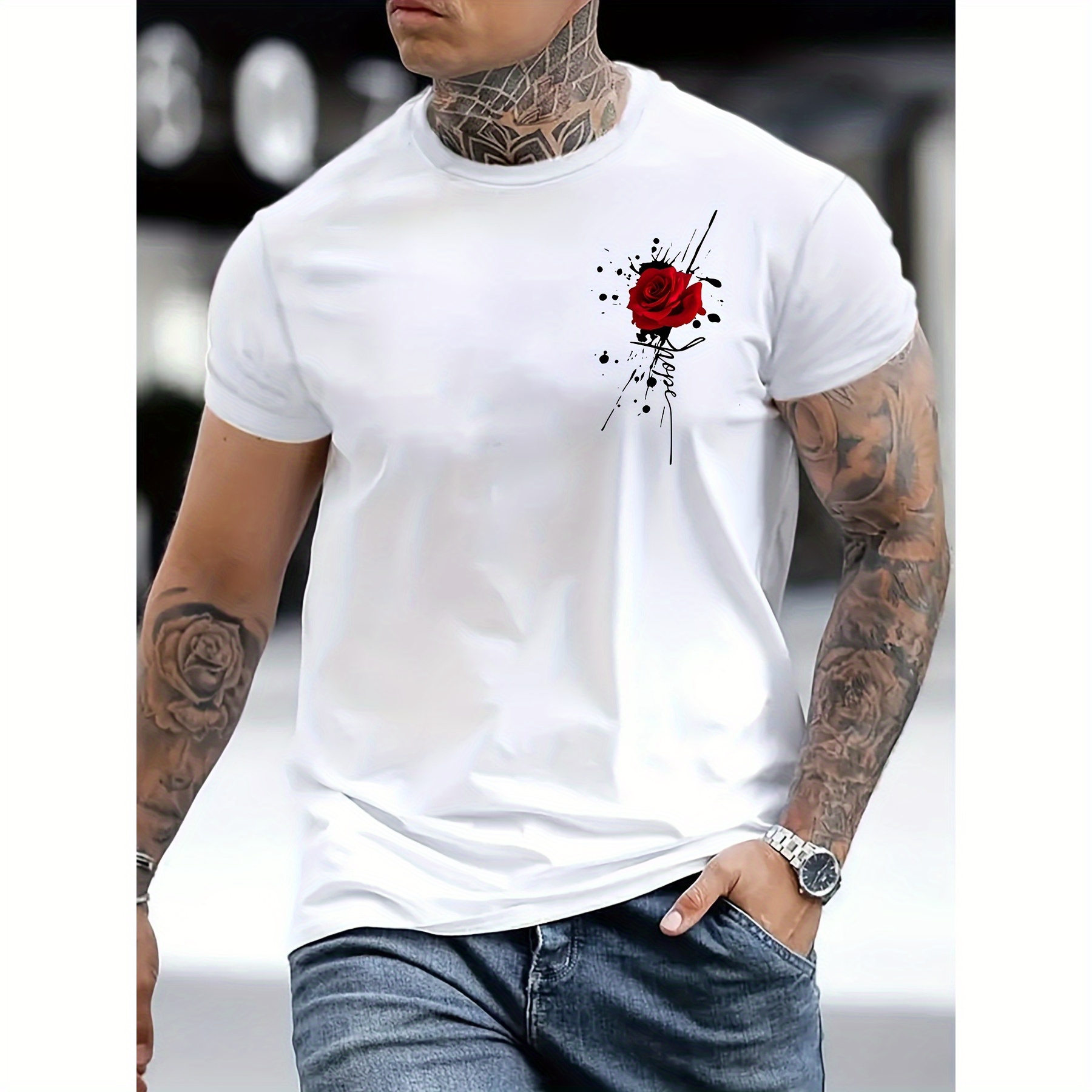 

Flower Printed T-shirt For Men's Casual Style, Summer And Autumn Micro Elastic Round Neck T-shirt