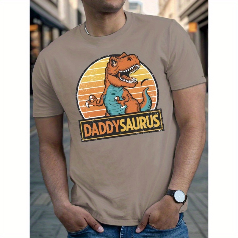 

Daddy Saurus Cartoon Pattern Print Tee Shirt, Tees For Men, Casual Short Sleeve T-shirt For Summer