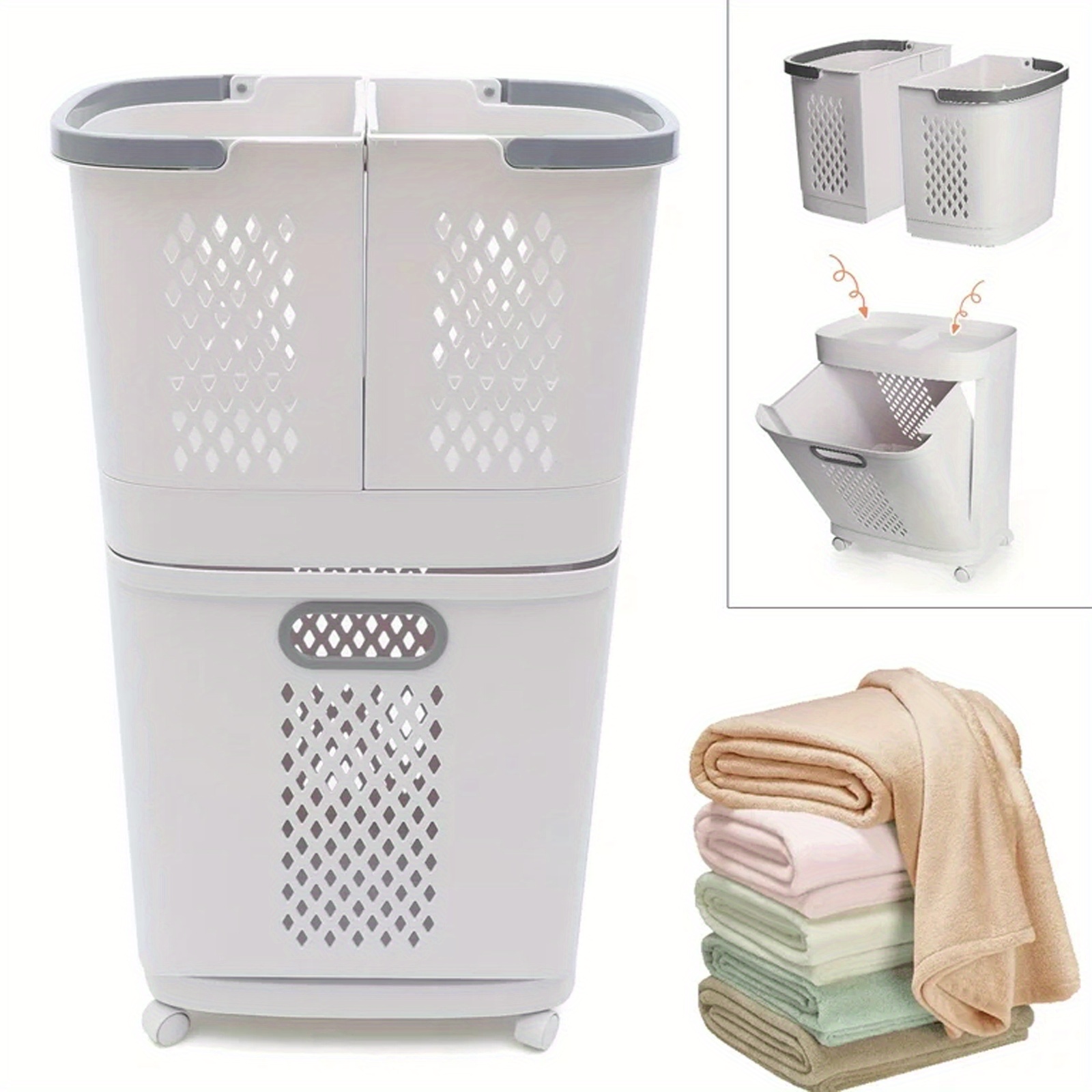 

Removable Household Laundry Basket With Wheel, Bathroom Laundry Basket, 2 Tier Rolling Laundry Basket White