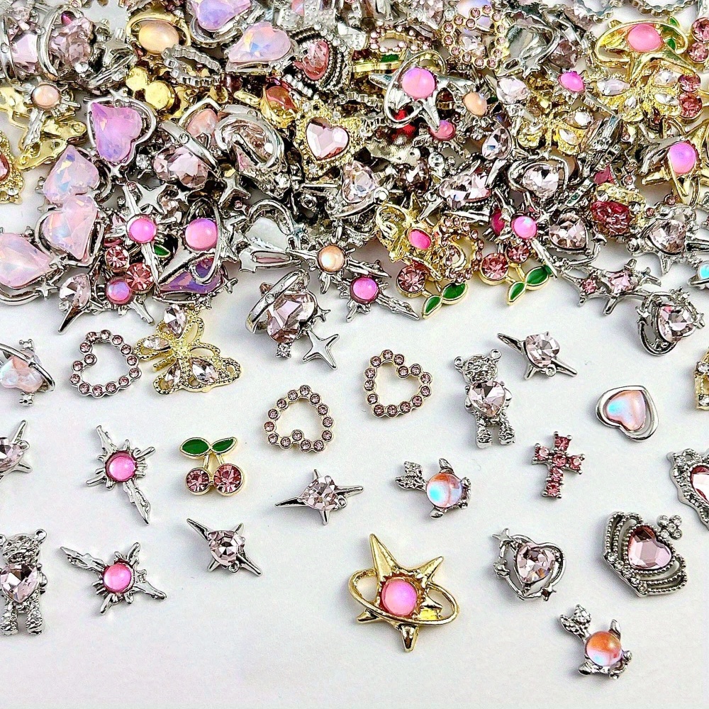 

20 Pcs Random Mixed-color Alloy Nail Art Decorations With Rhinestones: Hearts, Crowns, Butterflies - Diy Nail Charms, Nail Gems, Nail Supplies