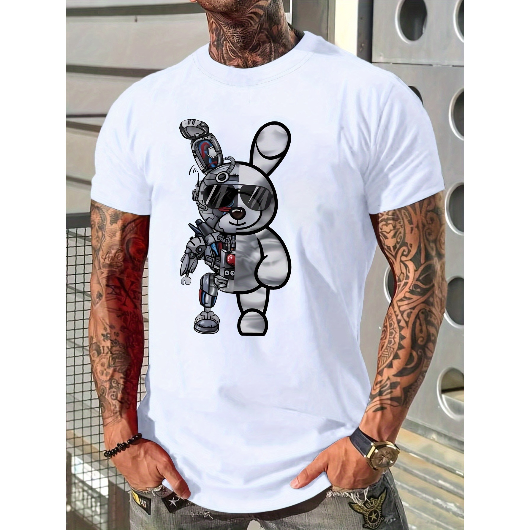 

Rabbit Graphic Print T-shirt Men's Casual Style Summer And Autumn Slightly Elastic Round Neck T-shirt