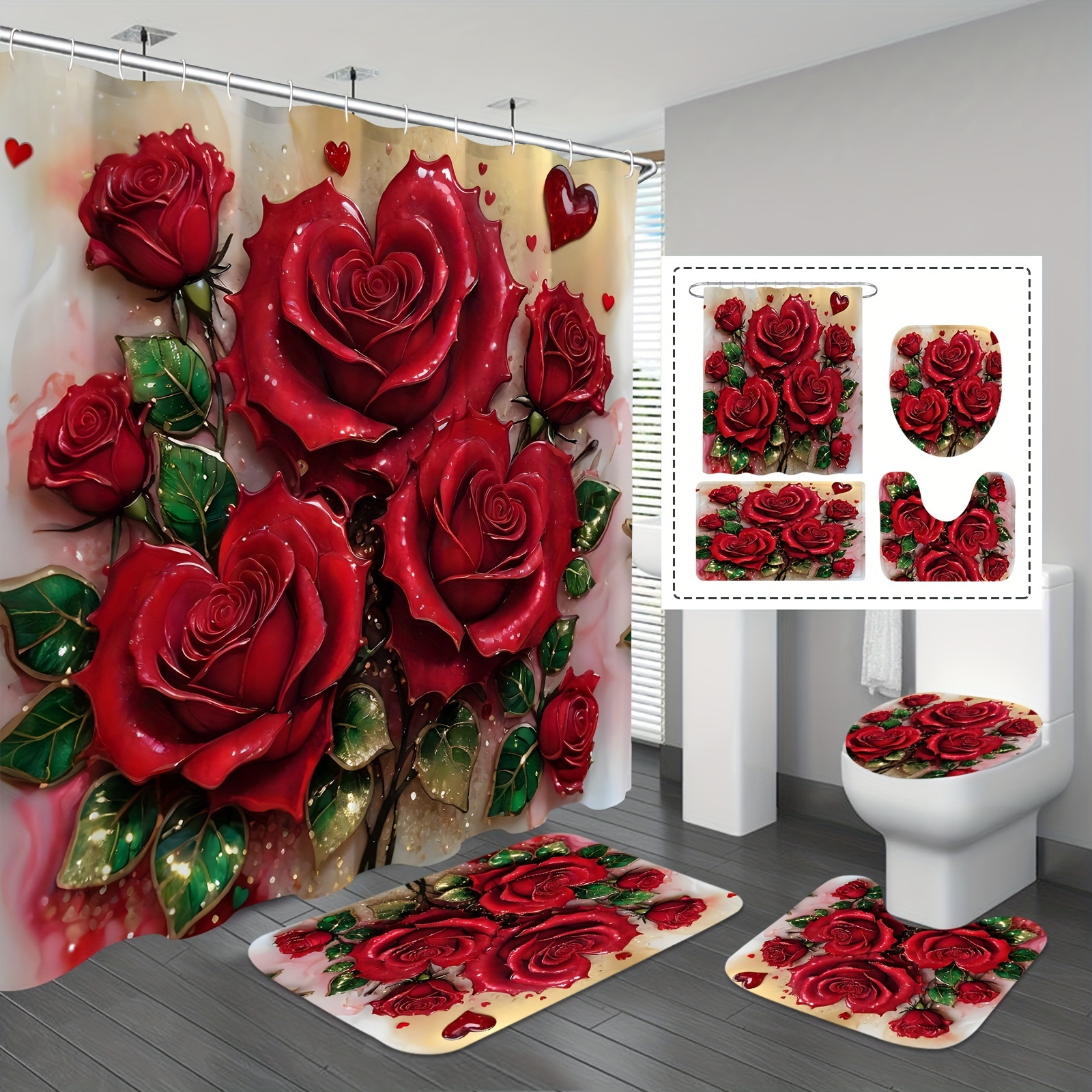 

1/4pcs Shower Curtain Set, 's Day Bathroom Curtain 12 , Bathroom Decoration Accessories, Bath Rug, Mat, Lid Pad,