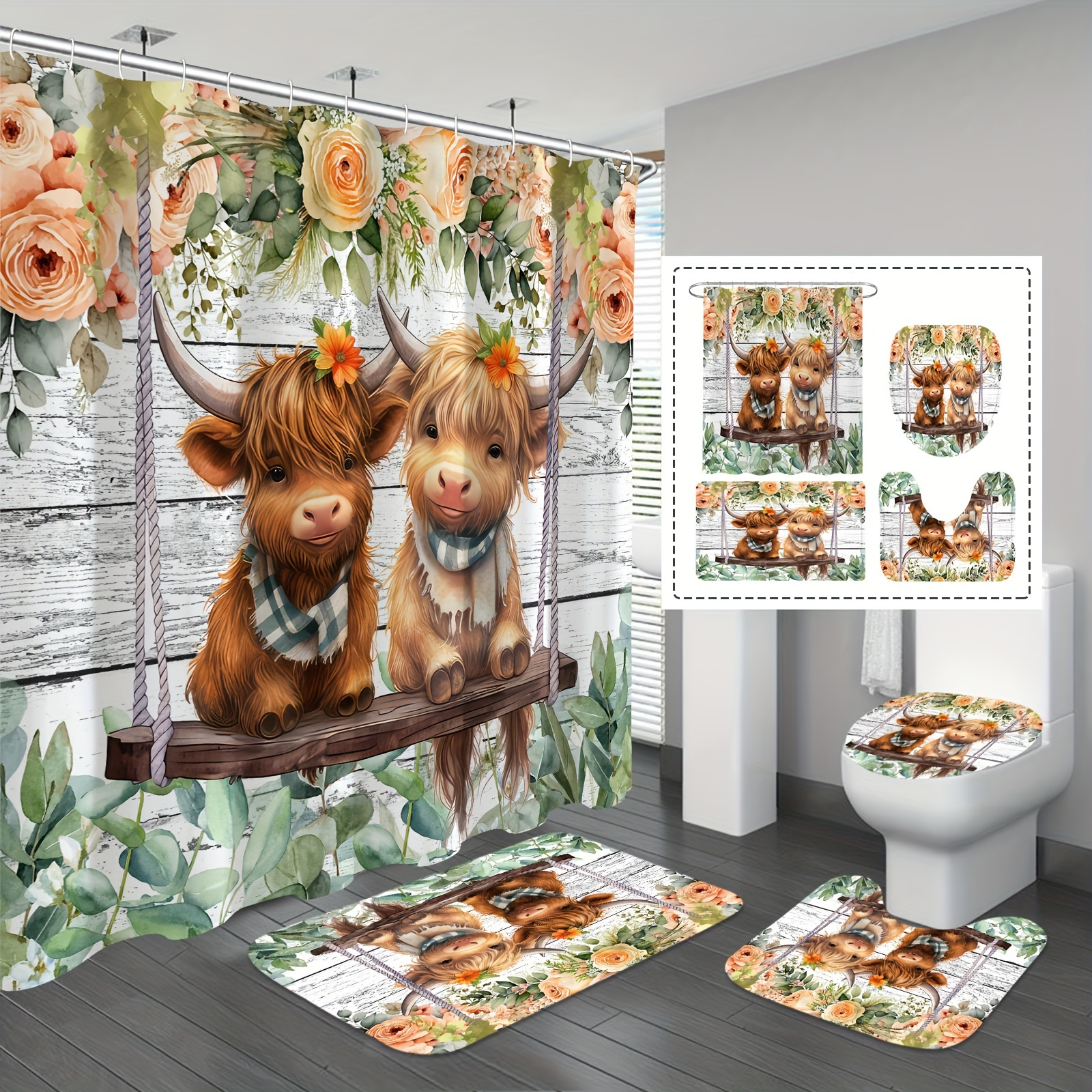 

1/4pcs Charming Floral Cattle Shower Curtain Set, Waterproof Fabric, Non-slip Rugs, Hooks Included, Stylish Bathroom Decor