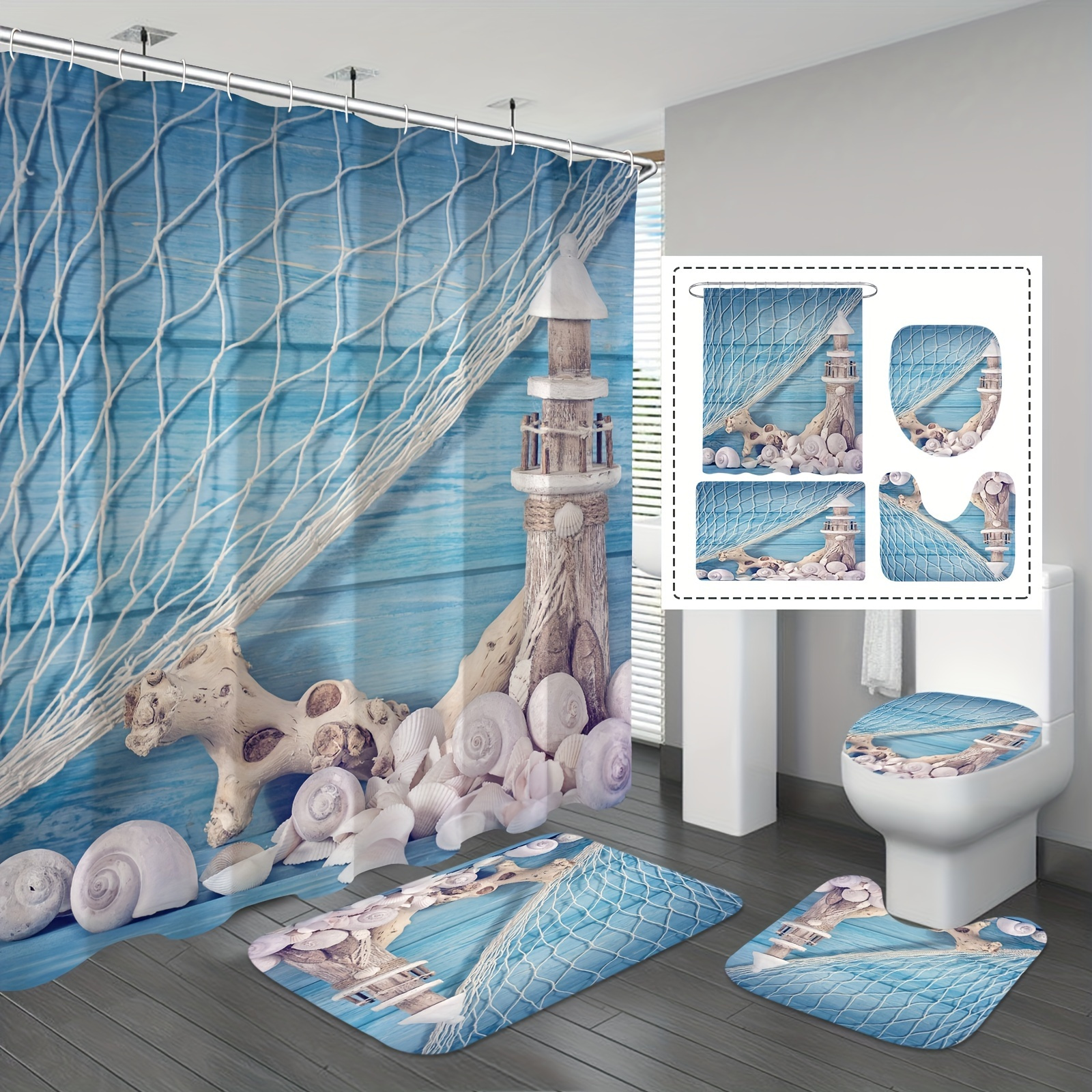 

1/4pcs Ocean Serenity Bathroom Decor Set, Water-resistant Nautical Shower Curtain, Anti-slip Bath Mat, Toilet Lid Cover & Pedestal Rug With Hooks, Coastal Seashell Design