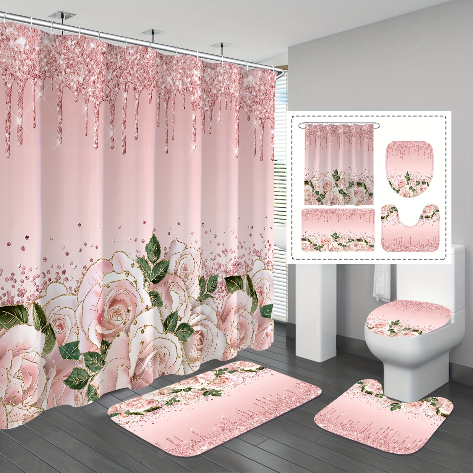 

1/4pcs Sparkling Shower Curtain Set, Elegant, Waterproof Bathroom Decor With 12 Hooks, Including Rug, U-shape Mat, And Toilet Lid Cover