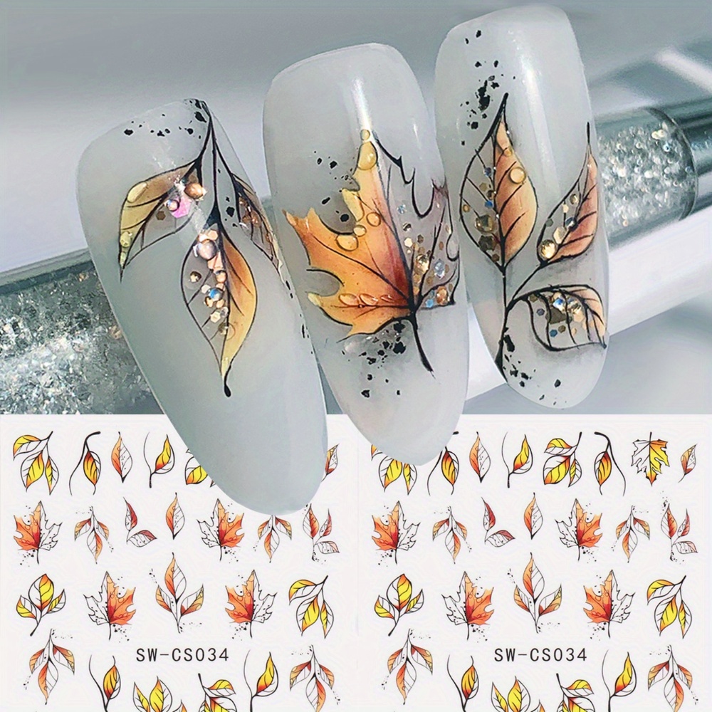

Glossy Autumn Maple Leaf Nail Art Stickers, 2 Sheets Plastic Self-adhesive Fall Decals With Glitter, Irregular Plant Theme Nail Embellishments, Single Use Slider Decorations For Plastic Surfaces