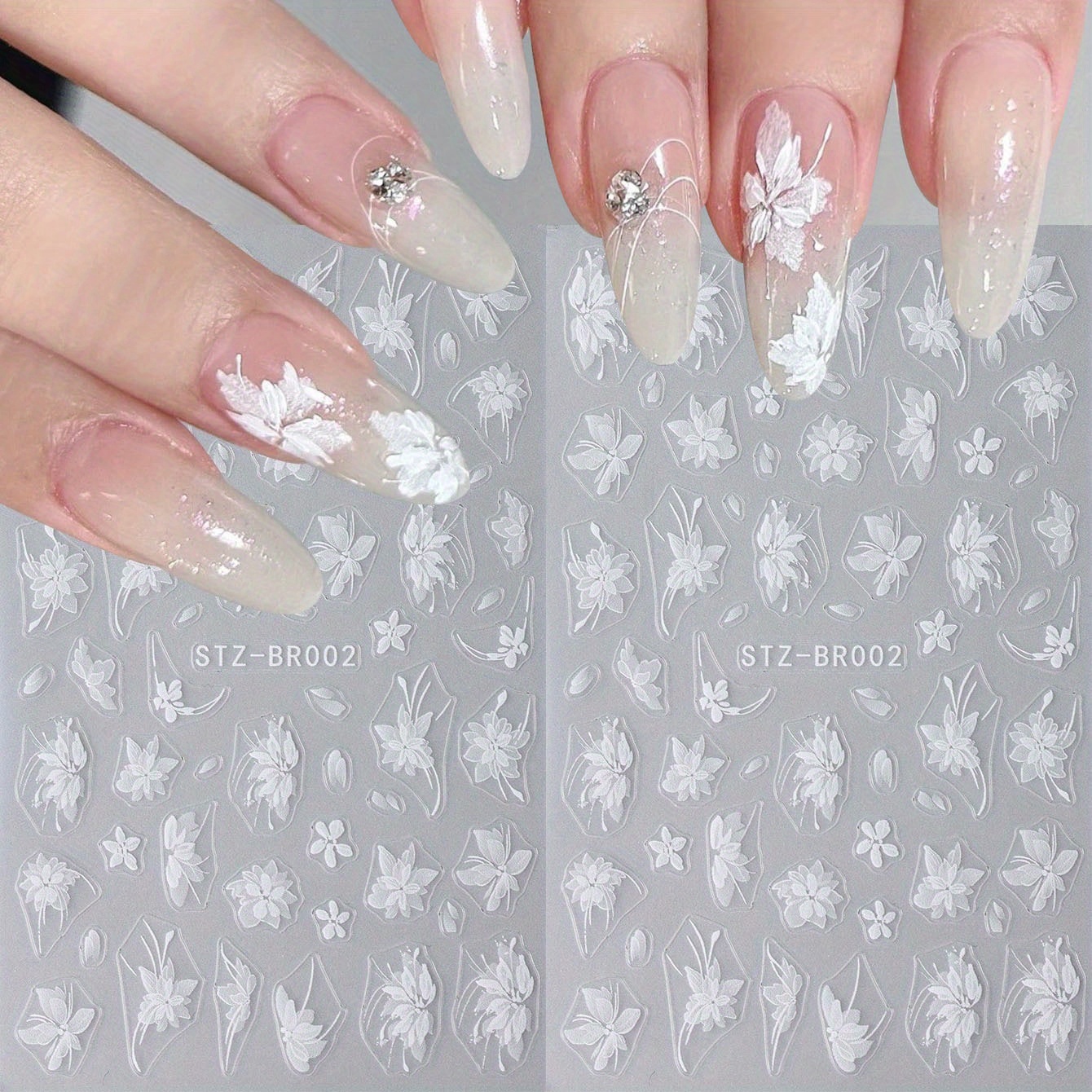 

Autocollants pour Ongles Magnolia Blanche Élégante 3D - Semi-Mat, Irrégulière, Design Floral avec Accents de Cristal pour Manucure DIY