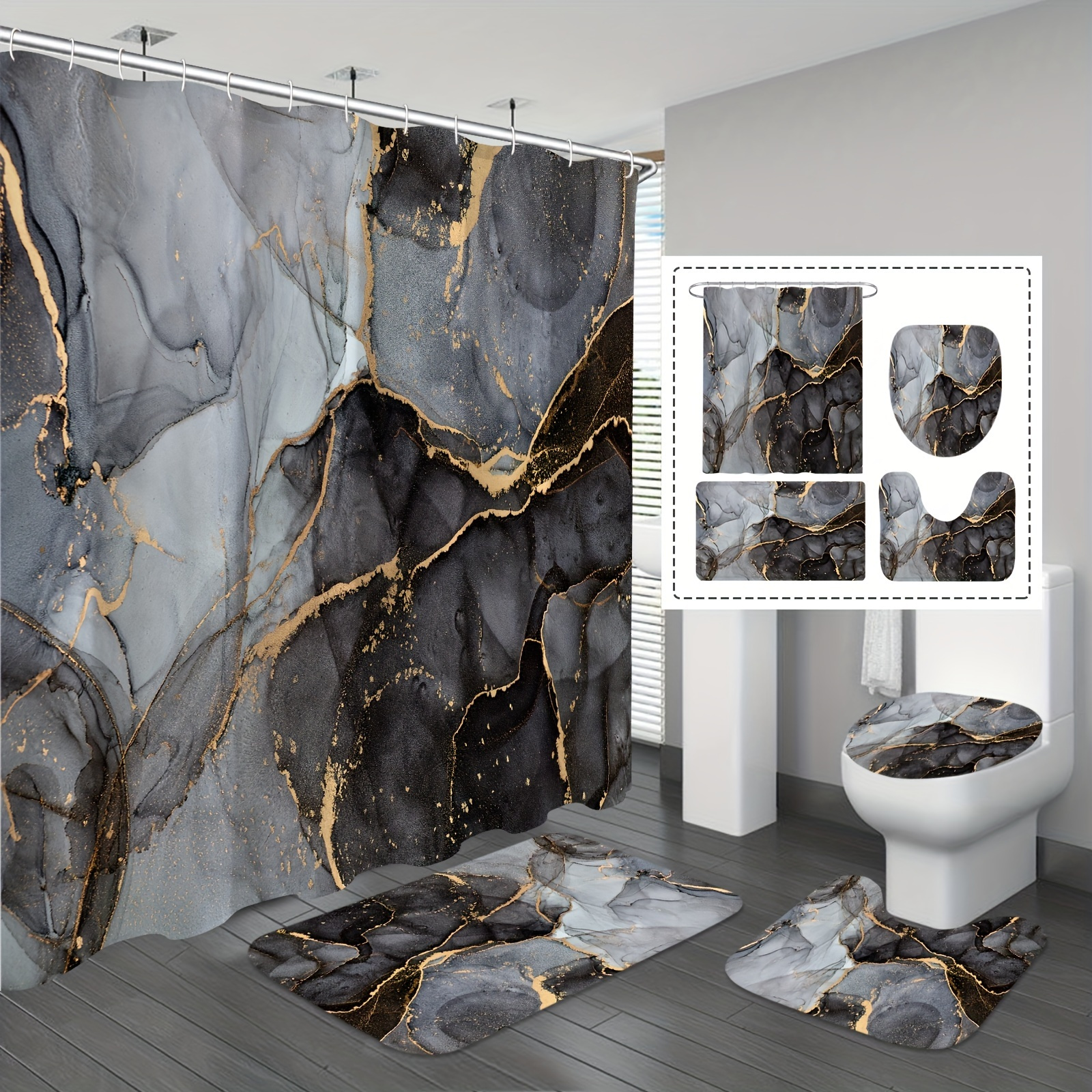 

1/4pcs Marble Pattern Shower Curtain Set, Golden Textured Waterproof Bath Curtain With 12 Hooks, U-shaped Mat, Toilet Cover Mat, L-shaped Mat, Bathroom Accessories, Aesthetic Bathroom Decor