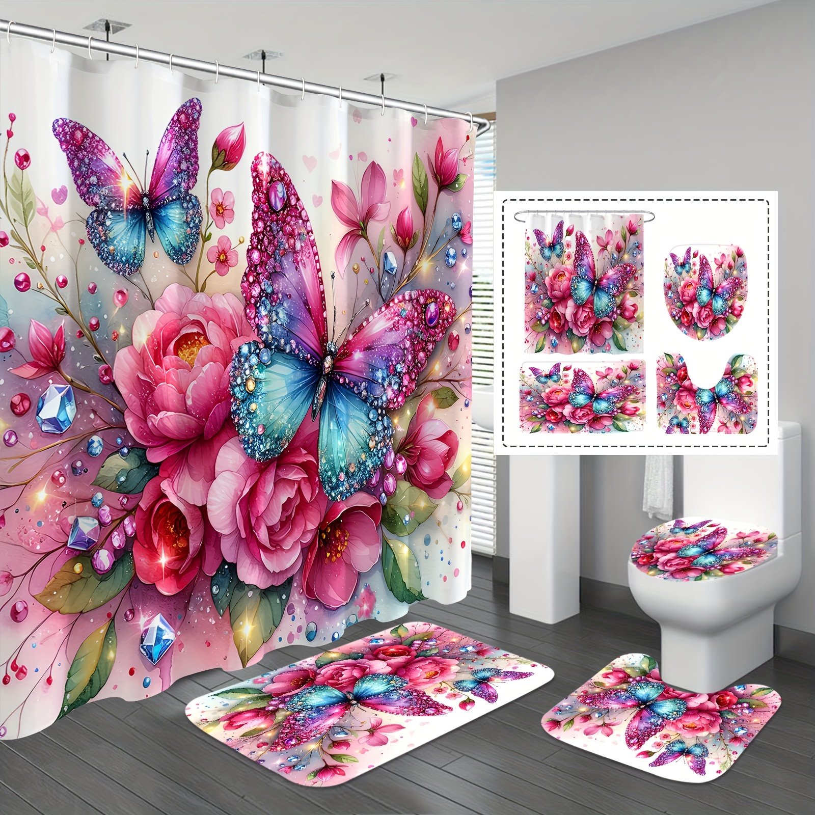 

1/4pcs "bloom & Shine" Elegant Pink Glitter Floral & Butterfly Shower Curtain Set With 12 Hooks, Includes Non-slip Bath Mat, U-shaped Toilet Rug, And Lid Cover Pad