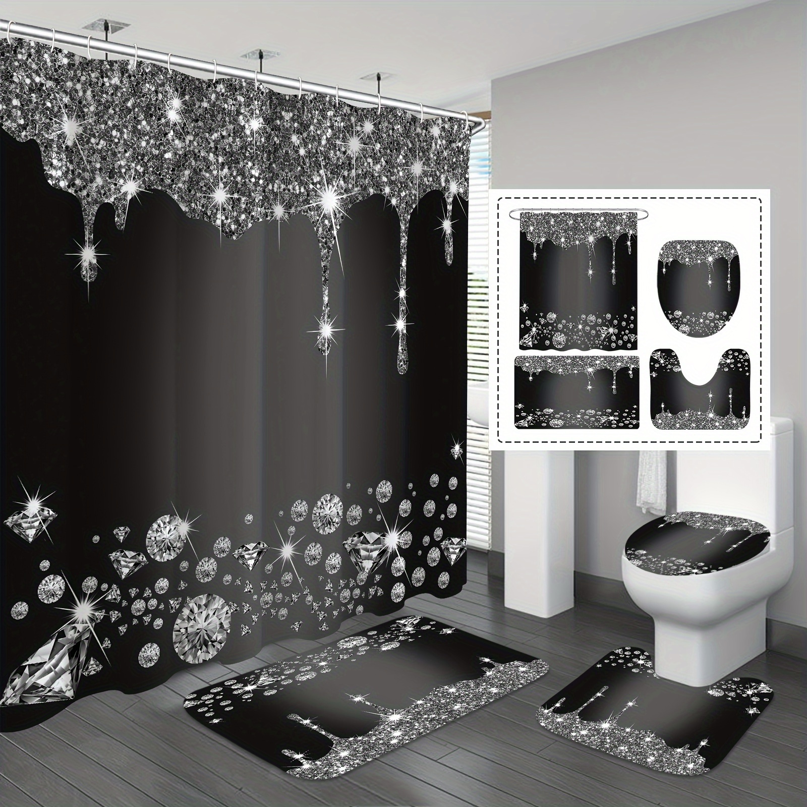 

1/4pcs Shower Curtain Set, Waterproof With Non-slip Bath Mat, U-shaped Toilet Rug, And Lid Cover For Bathroom Decor