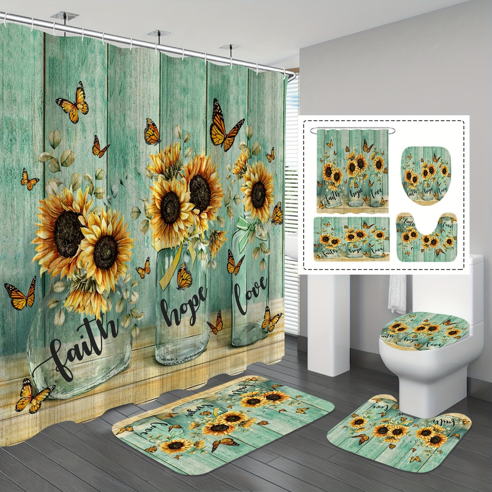 

1/4pcs Vibrant Sunflower And Butterfly Shower Curtain Set, Waterproof Bathroom Decor Set With Non-slip Rug, U-shape Mat & Lid Cover, Easy Install With 12 Hooks