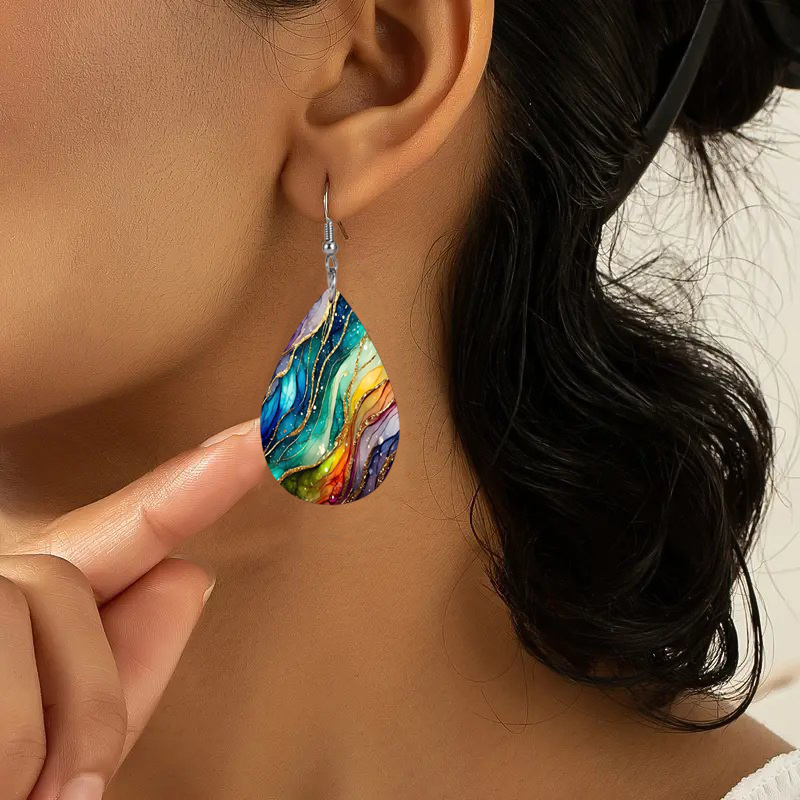 

Women's Rainbow Gradient Marble Teardrop Earrings, Streamer Pattern Faux Leather Drop Earrings, Lightweight, Universal Holiday Gift