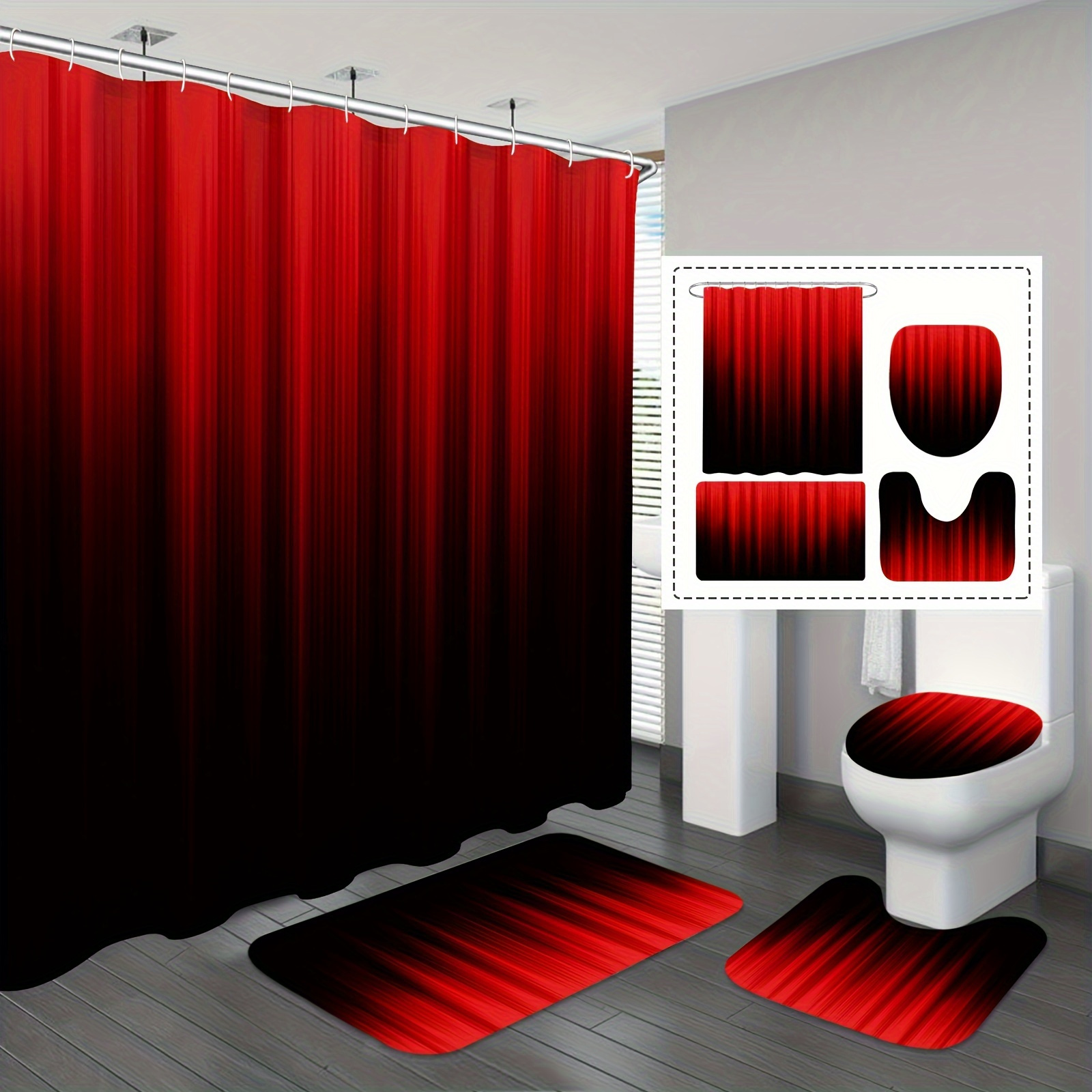 

1/4pcs Red Shower Curtain Set, , - , Rug, & Coordinating , Bathroom Decor