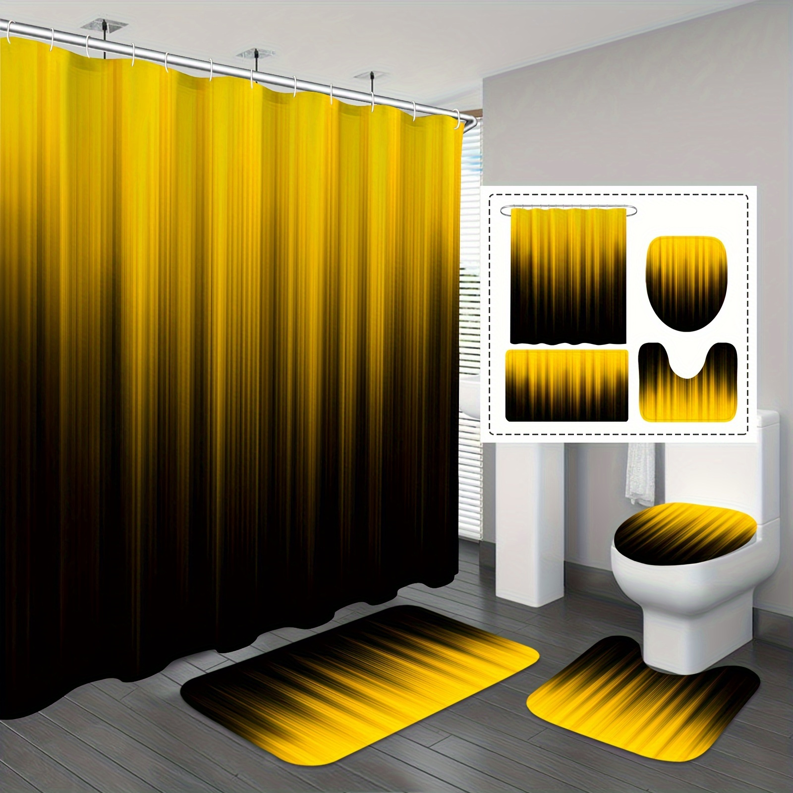 

1/4pcs Yellow Black Shower Curtain Set, Waterproof, Non-slip Bath Rug & U-shape Mat, 12-hook Included, Stylish Bathroom Accessories, Home Decor