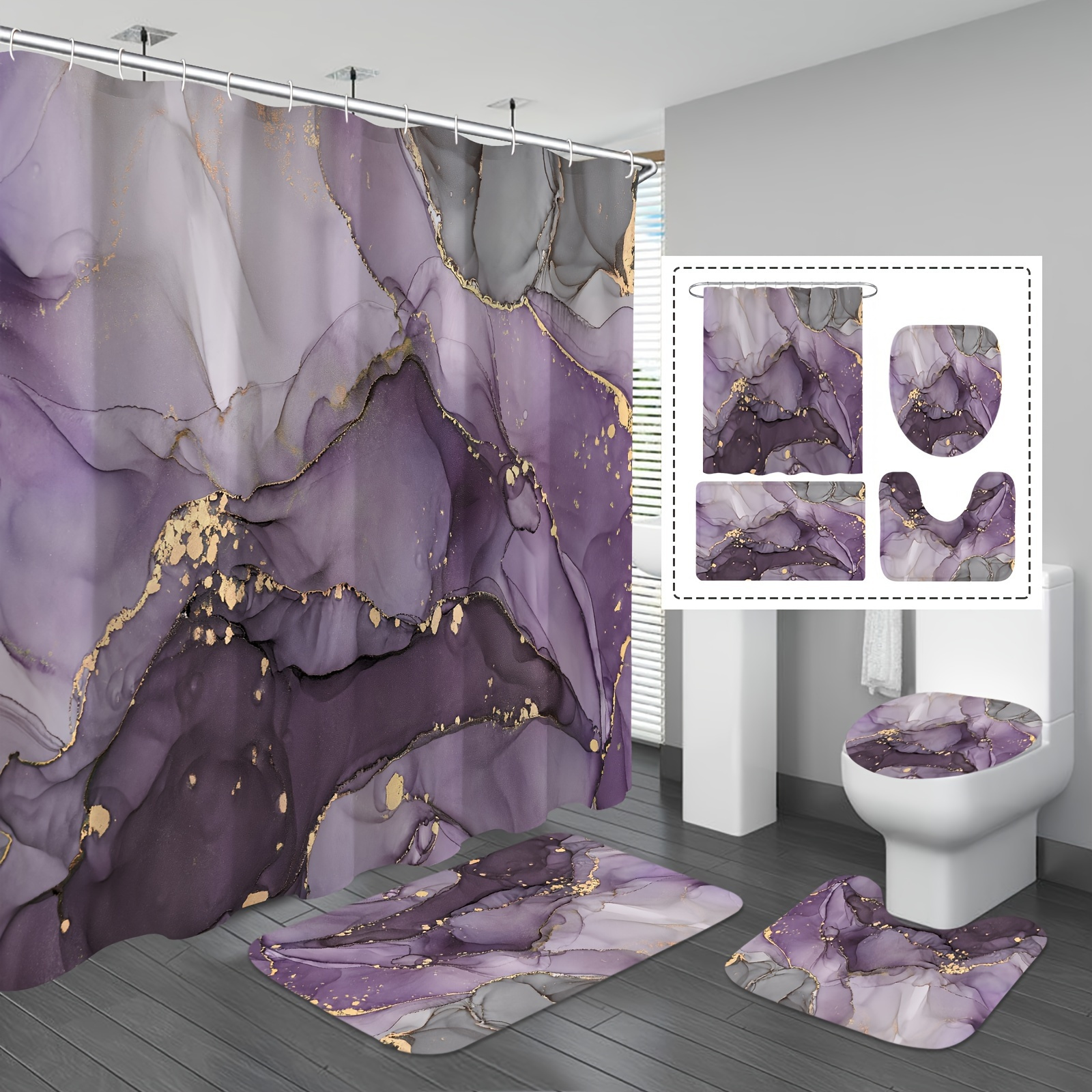 

1/4pcs Purple Marble Shower Curtain Set, Water-repellent, Non-slip Rug, Toilet Cover & Mat, Complete Bathroom Decor, 12 Hooks Included,