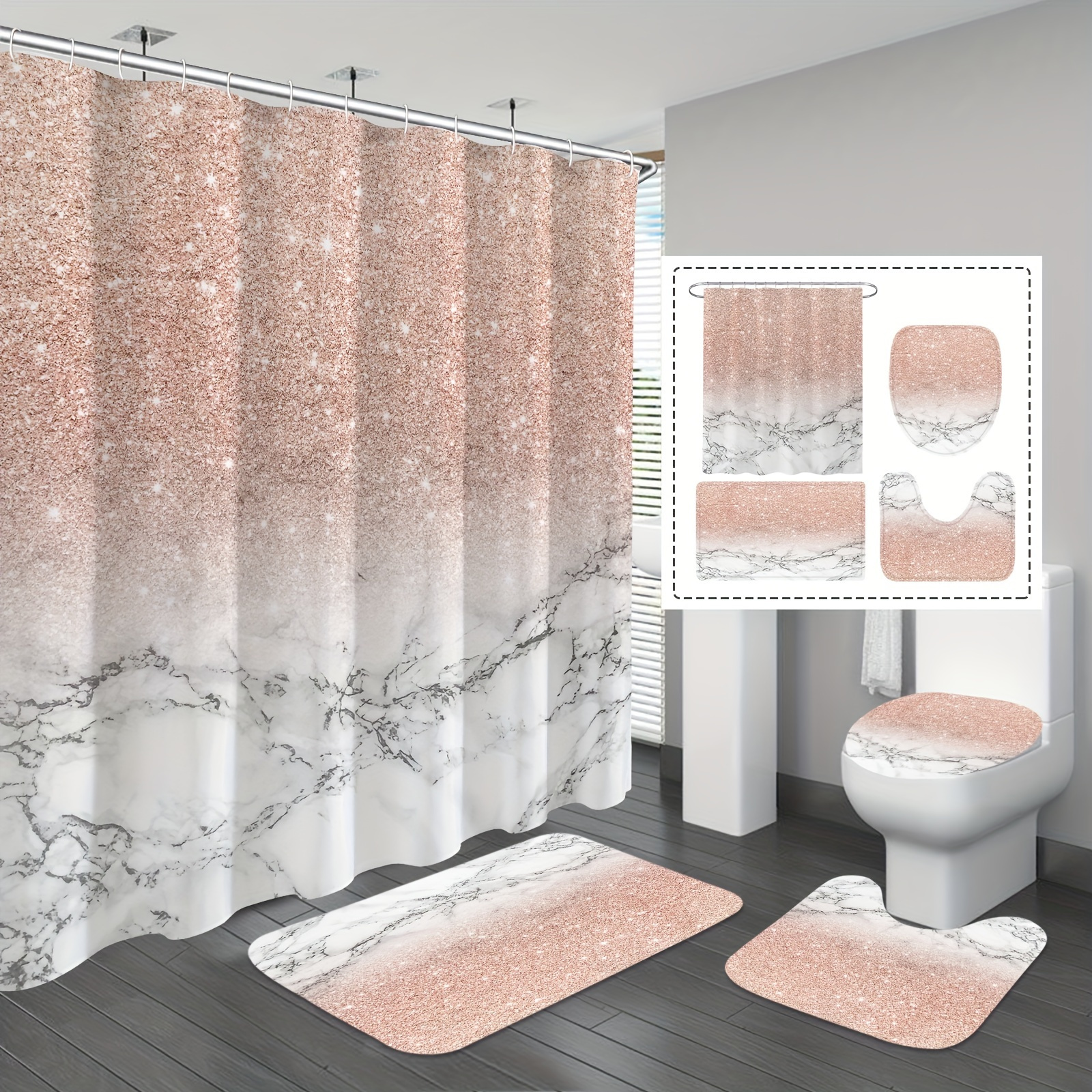 

1/4pcs Sparkling Pink Glitter Marble Shower Curtain Set, Fashionable Water-repellent Bathroom Decor, With Hooks, Rug, U-shape Mat, Toilet Lid Pad