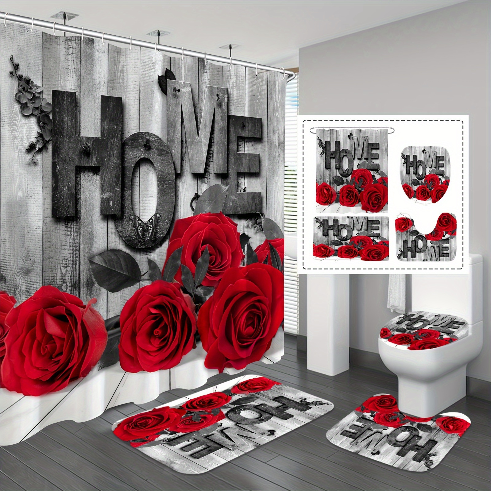 

1/4pcs Red Pretty Rose Shower Curtain Set, Butterfly Shower Curtain With 12 Hooks For Bathroom, Bathroom Rug, Toilet U-shape Mat, Toilet Lid Cover Pad, Bathroom Decor Accessories