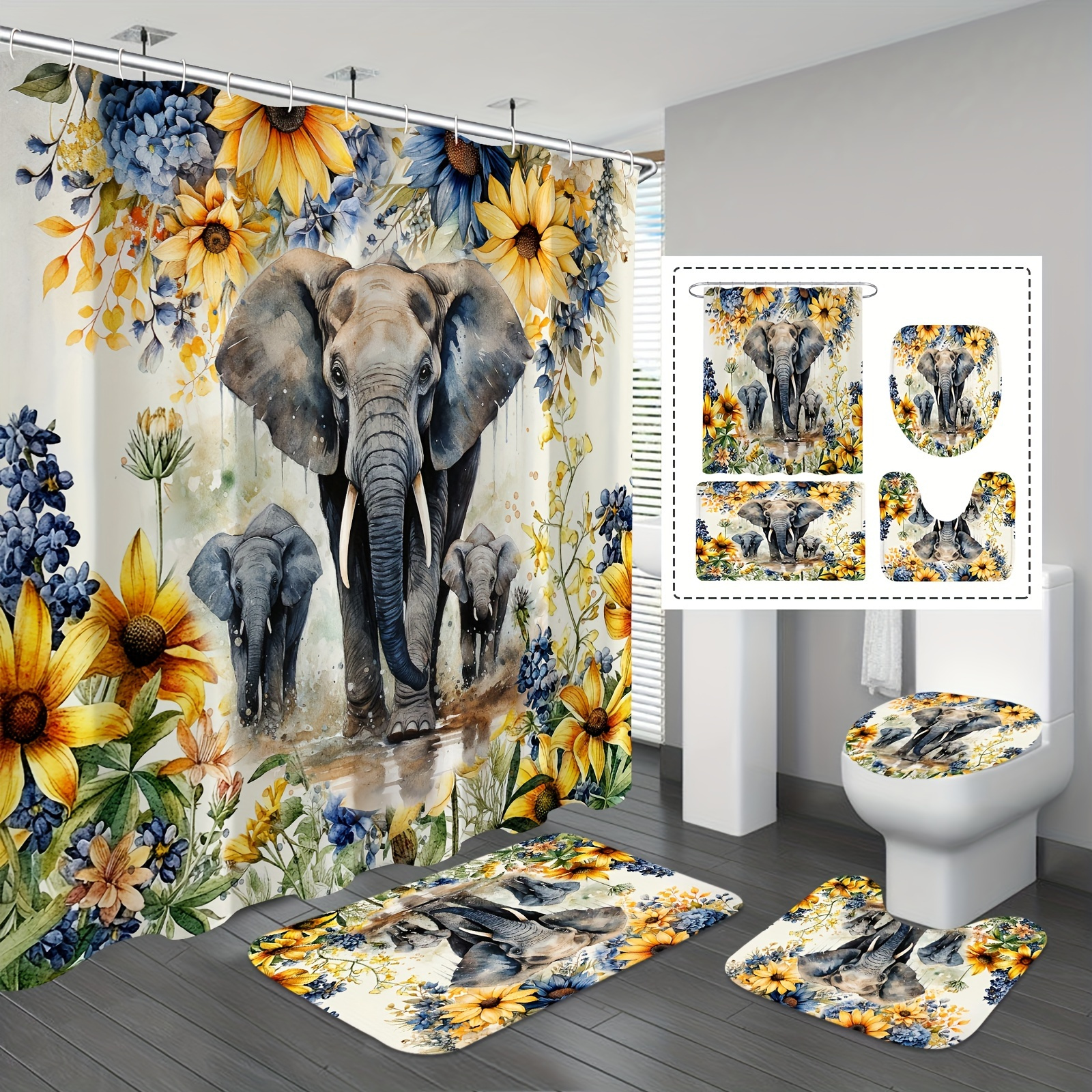 

1/4pcs Elephant Floral Shower Curtain Set, Water Repellent & Anti-slip, 12 Hooks, Stylish Rug, Contoured Mat & Lid Cover, Complete Bathroom Decor Accessories