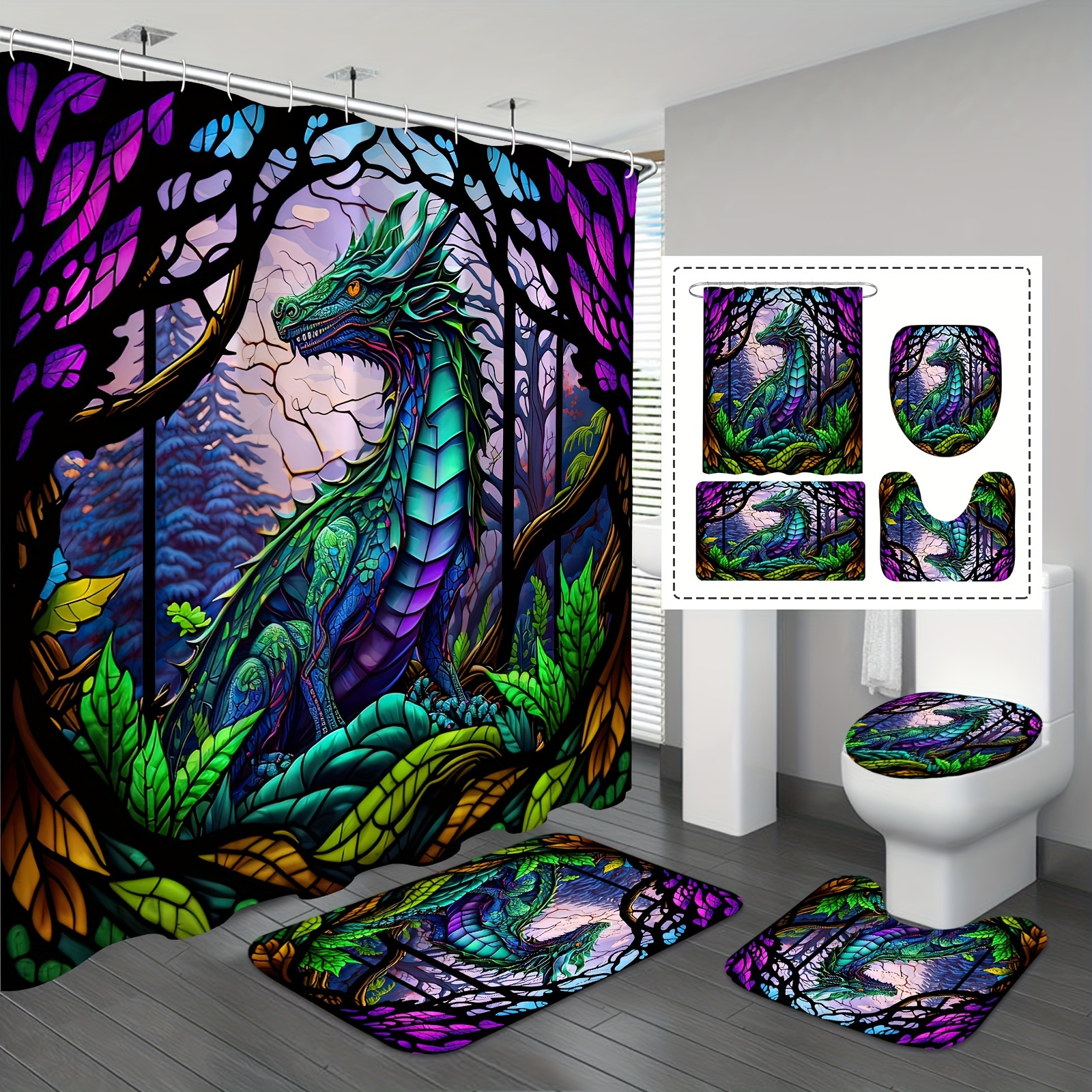 

1/4pcs Mysterious Dragon Shower Curtain Set, Waterproof, Non-slip, Animal Print Polyester Curtain With 12 Hooks, U-shape Toilet Mat, Lid Cover Pad, And Bathroom Rug, Home Decor