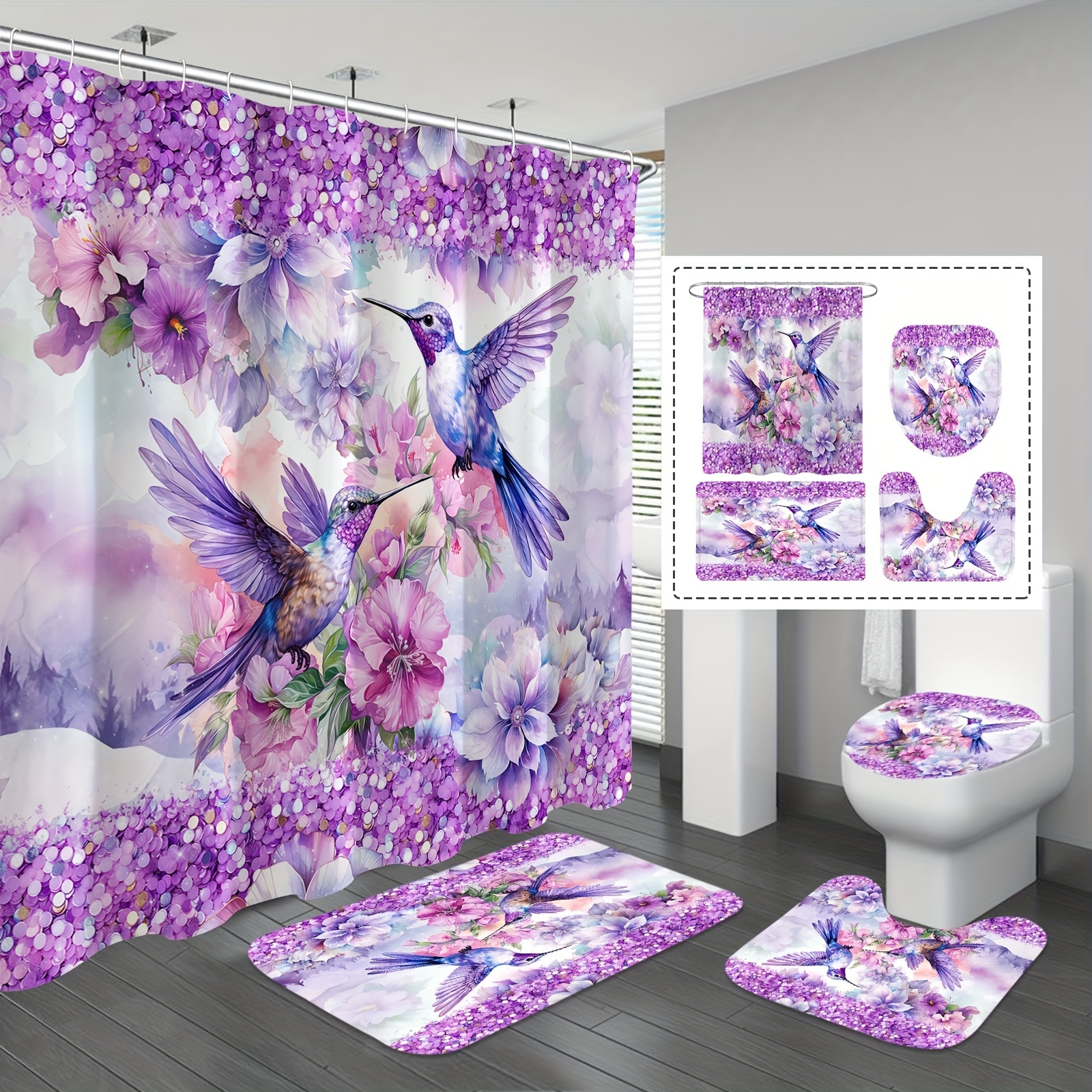 

1/4pcs Hummingbird & Floral Pattern Shower Curtain Set, Complete Bathroom Decor, With 12 Rust-resistant Hooks, Soft Non-slip Bath Mat, U-shaped Toilet Mat, Premium Toilet Mat