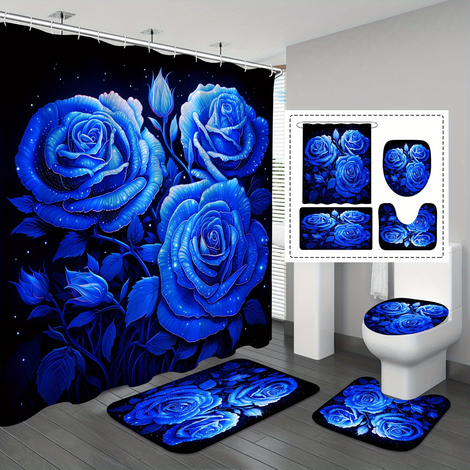 

1/4pcs Elegant Blue Rose Bathroom Set, Romantic Floral Shower Curtain & Rugs, Waterproof Polyester Fabric, Luxurious Decor With 12 Hooks