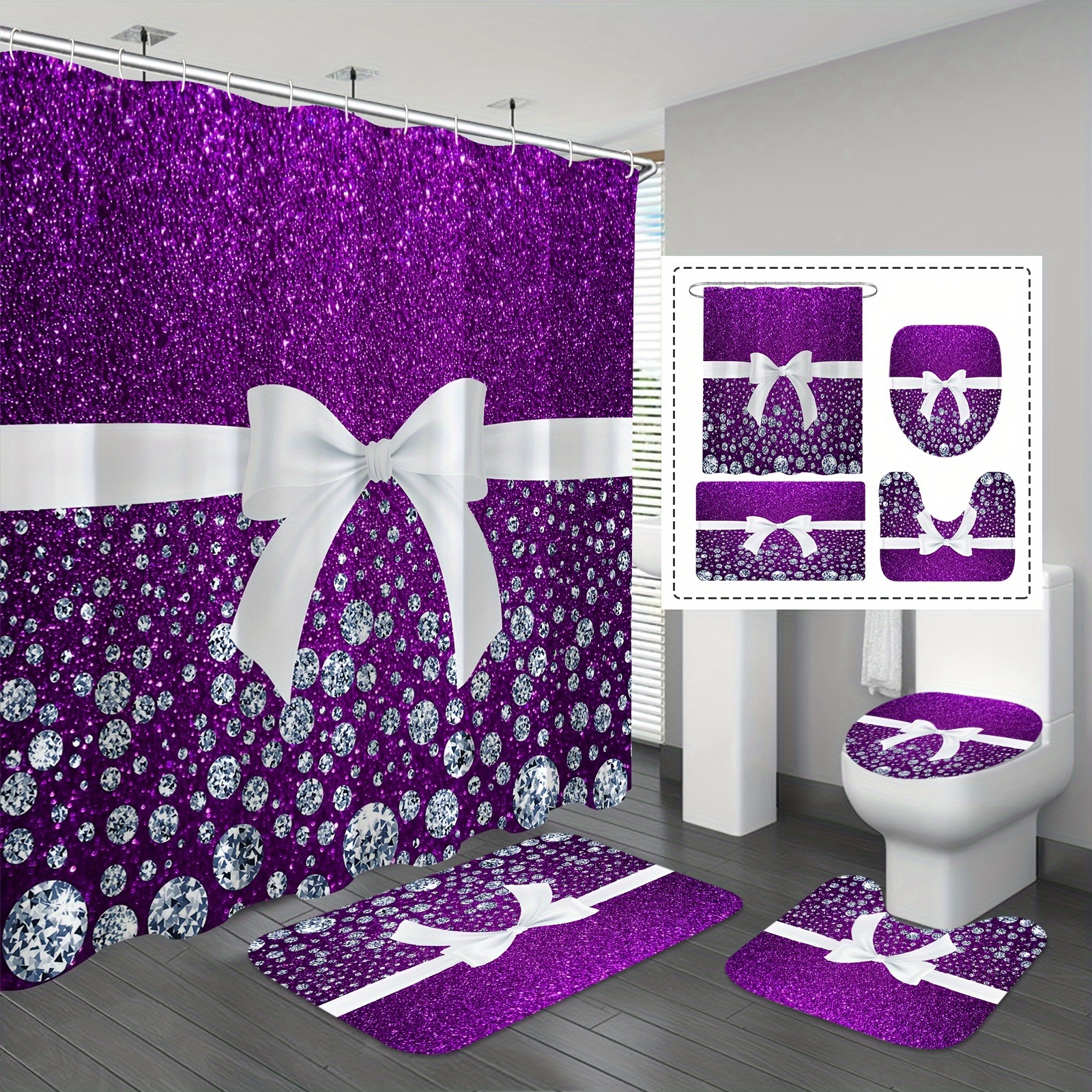 

1/4pcs Diamond Luxury Shower Curtain Set, Sparkling Purple With White Accents, Non-slip Rug & Toilet Cover, Complete Bathroom Decor