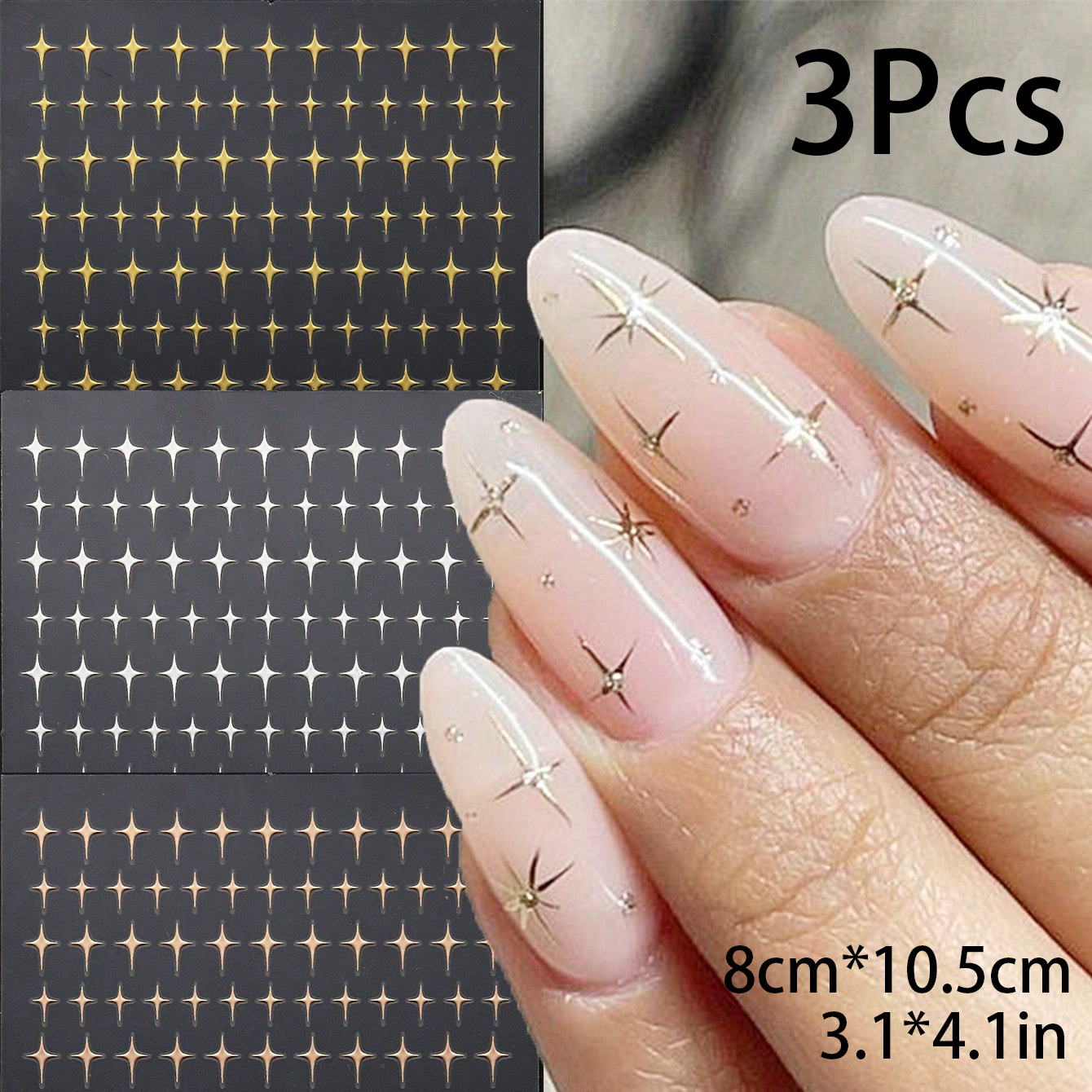 

3d Silvery Sticker, 3pcs Y2k Nail Design Gold Silvery Rose Gold Star Decal Gold Bronzing Slider Effect Nail Decoration Nail Decals Nail Design Manicure Tips Friend Gift Nail Stickers Diy