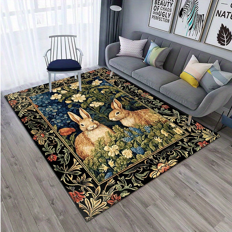 

Vintage Bunny & Floral Crystal Velvet Area Rug - Soft, Durable Polyester Carpet For Living Room, Dorm, Balcony, And Aisle Decor - Protects Wood Floors