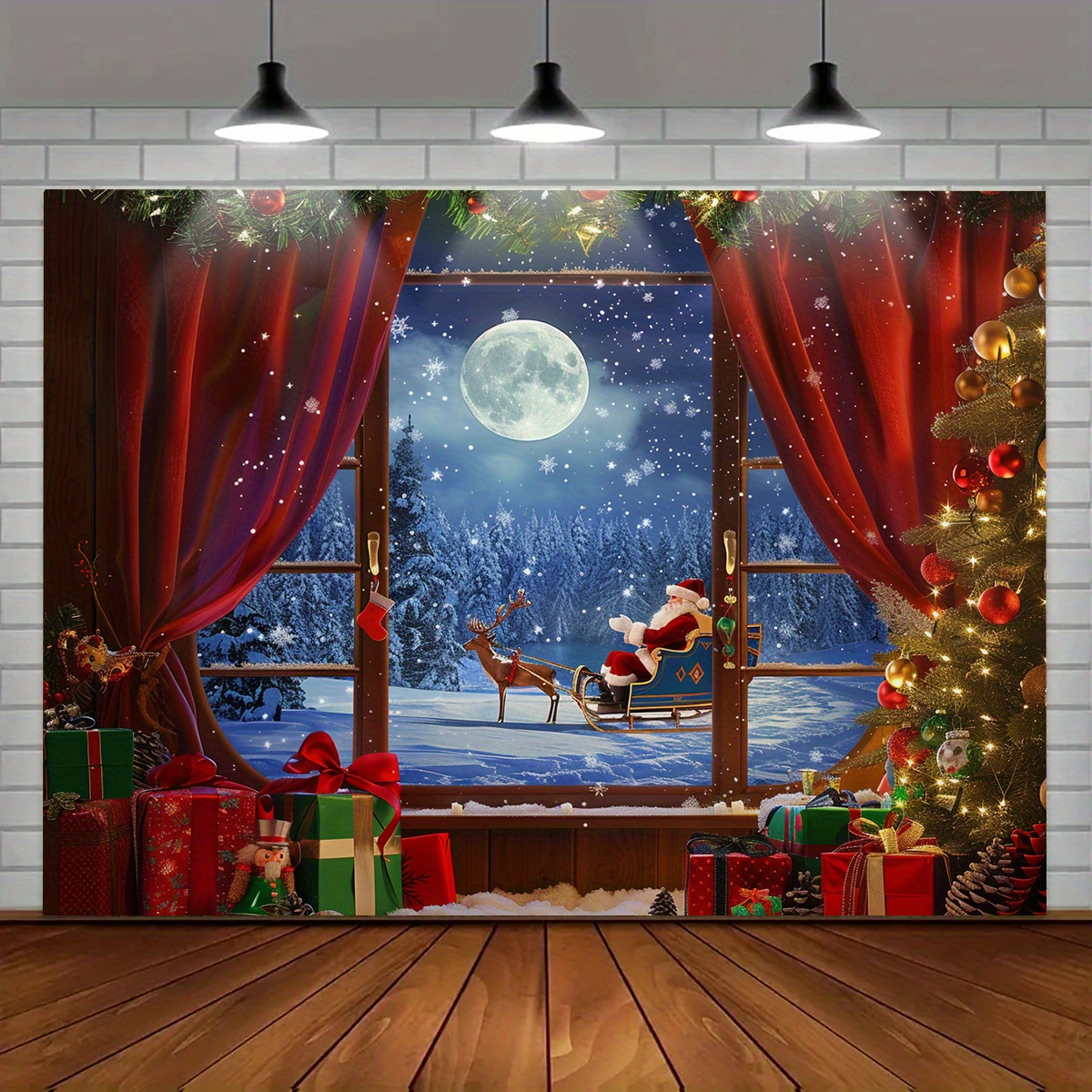 

Christmas Wonderland Window Backdrop - 1pc Polyester Photography Background With Xmas Tree, Santa Claus, Snow & Moon - Perfect For Holiday Parties & Home Decor
