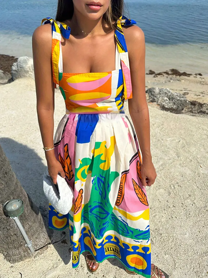 * Maxi Dress for Women - Sleeveless with Tie Shoulder Straps, Square Neckline * Beach Vacations * Maxi Dress for Women - Sleeveless with Tie Shoulder Straps, Square Neckline * Beach Vacations