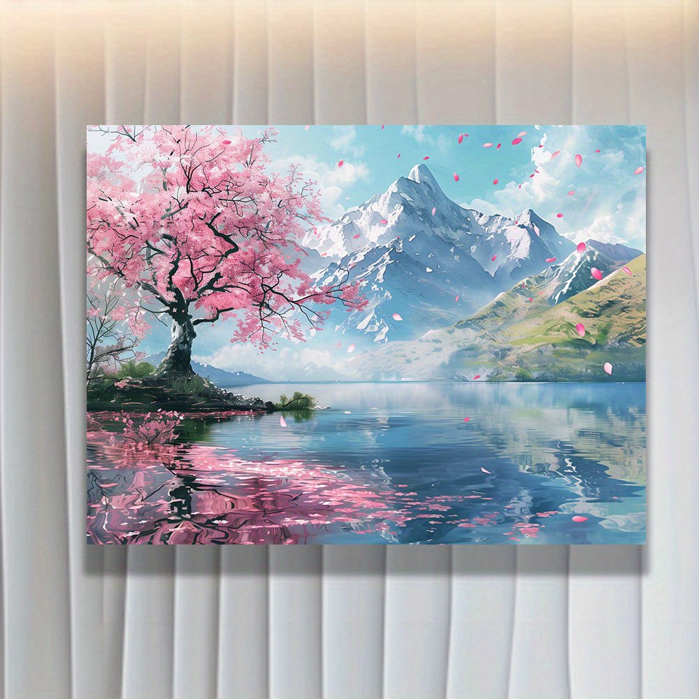 

Cherry Canvas Print, Tree By Lake Wall Art, Mountain Landscape Painting For Living Room, Bedroom, Studio, 12x16 Inches - Canvas Material