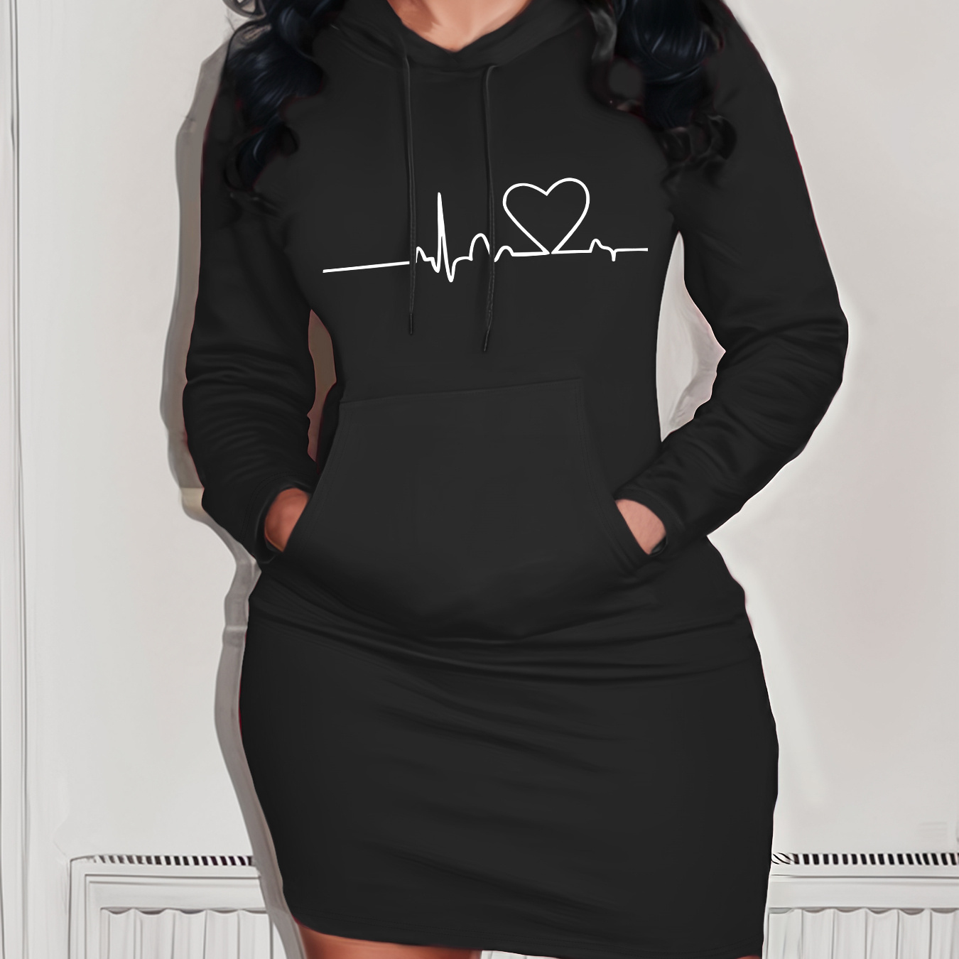 

Heart Print Hooded Dress, Casual Drawstring Long Sleeve Dress, Women's Clothing
