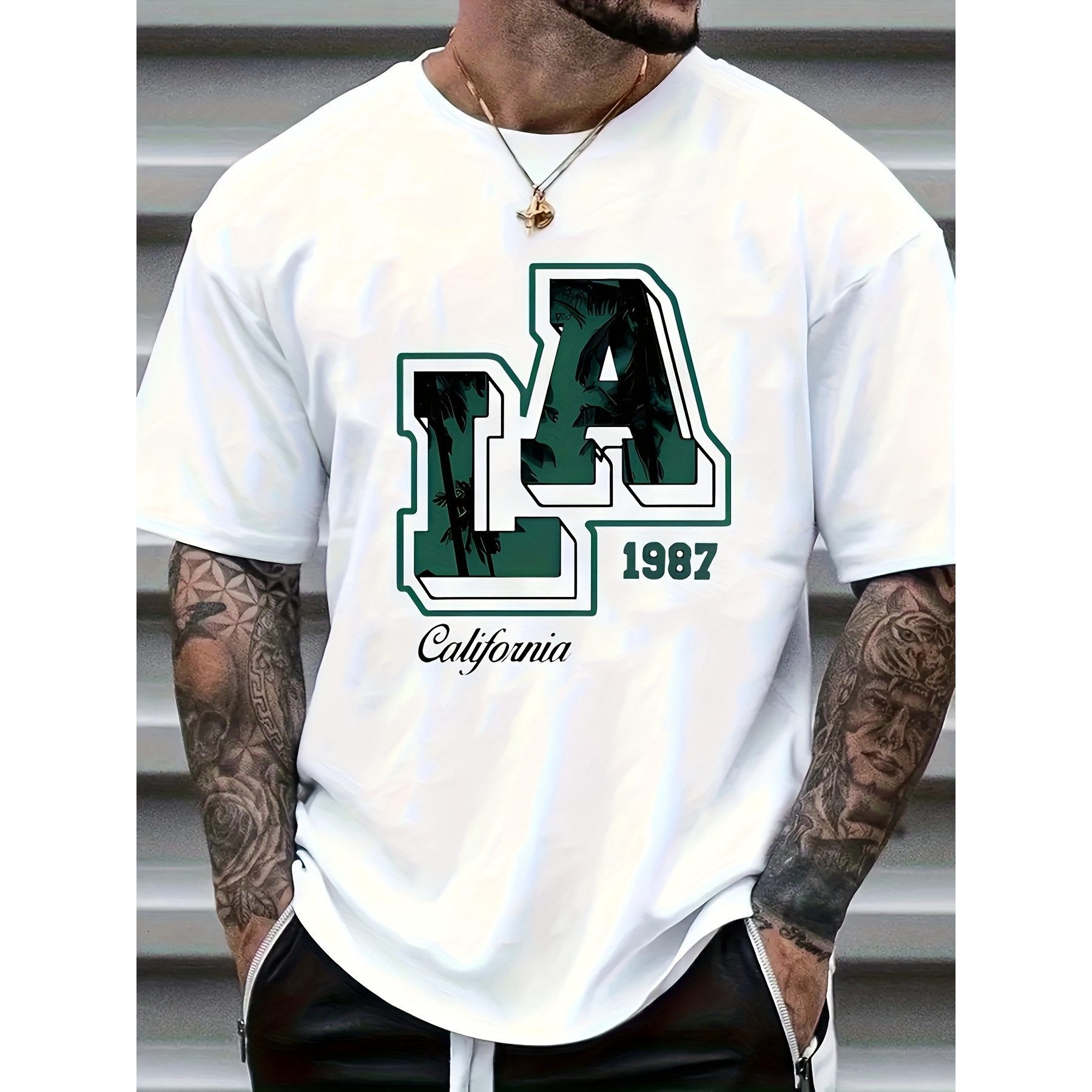 

Los Angeles Letter Printed T-shirt Men's Casual Style Summer And Autumn Slightly Elastic Round Neck T-shirt