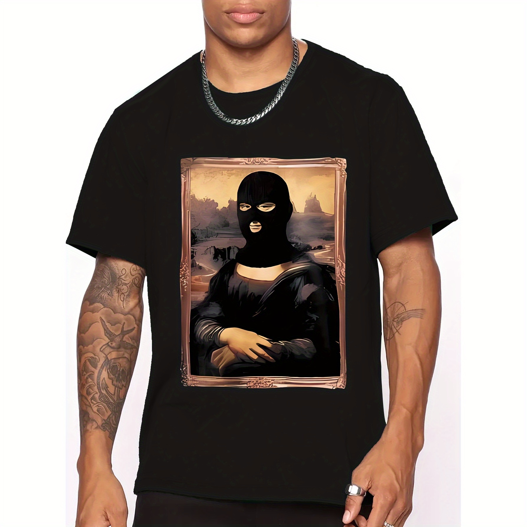

Oil Painting Graphic Print T-shirt Men's Casual Style Summer And Autumn Slightly Elastic Round Neck T-shirt