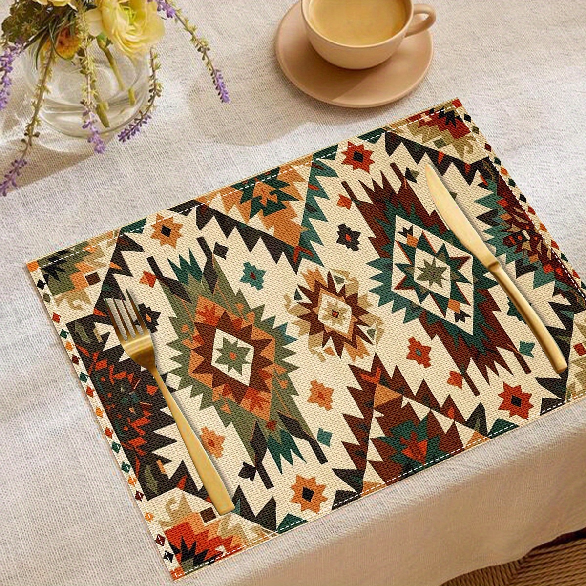 

4-pack Premium Linen Place Mats - Geometric Southwestern Design, Woven Square Table Mats, Heat Resistant, Easy To Clean, Machine Washable For Home And Dining Room Decor