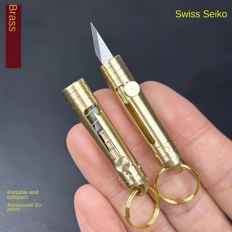 

2pcs Mini Brass Knife Set - Portable, Detachable Quick Keychain Attachment, Multi- Pocket Utility Knife For Outdoor Camping, Small And , Cut Paper