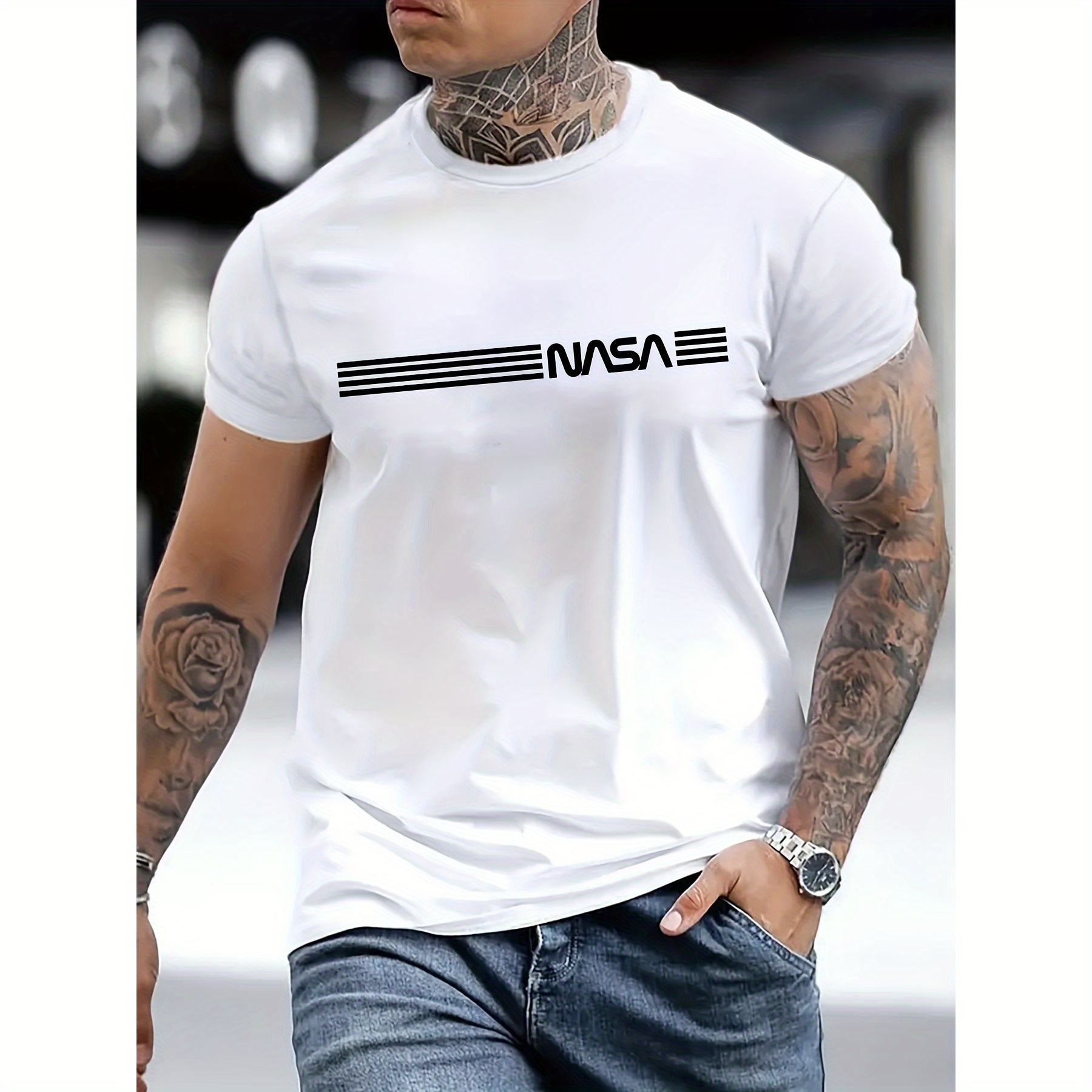 

Vsvn Letter Printed T-shirt Men's Casual Style Summer And Autumn Slightly Elastic Round Neck T-shirt