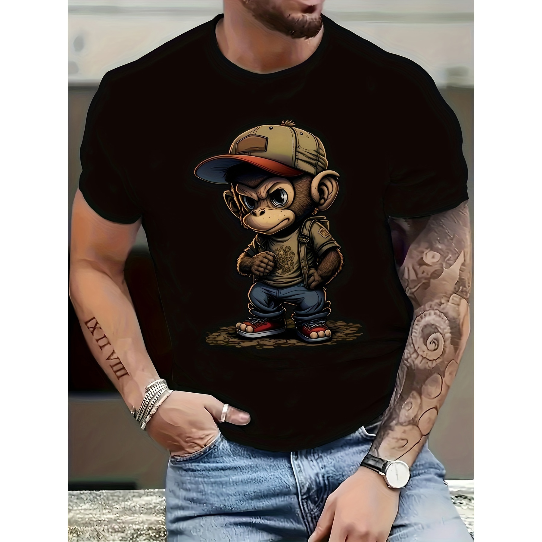 

Monkey Graphic Print T-shirt Men's Casual Style Summer And Autumn Slightly Elastic Round Neck T-shirt