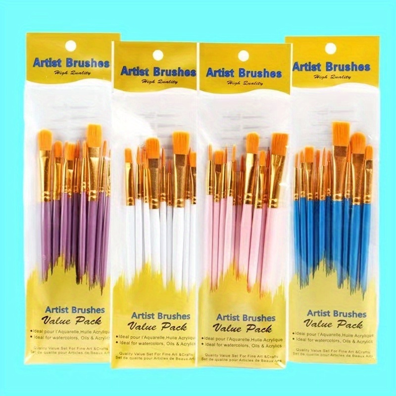 

10pcs Artist Brush Set With Plastic Handles - Ideal For Oil, Watercolor & Gouache Paintings | Sizes For Artistic , Paint Brushes