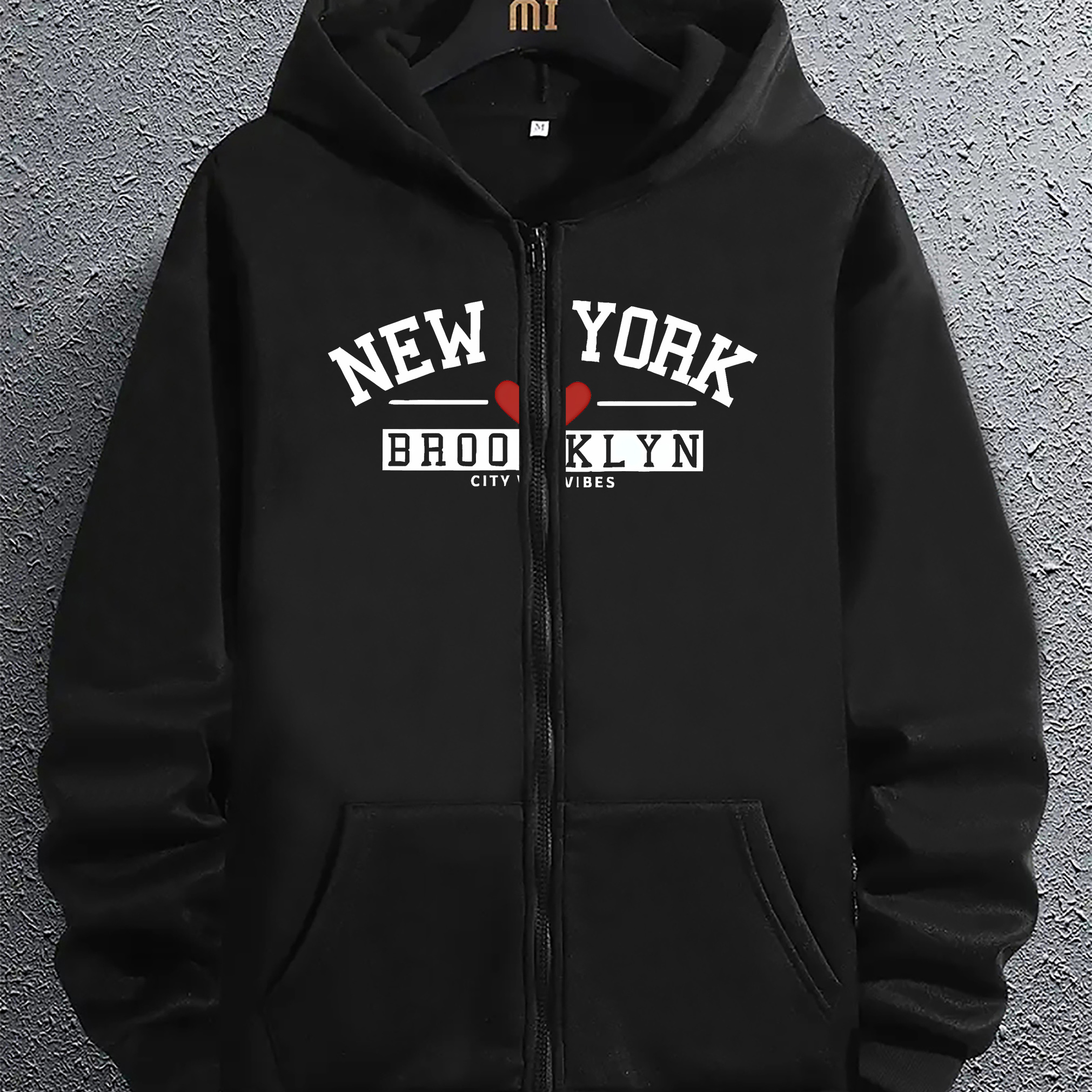 

New York Brooklyn Letter Print Men's Long Sleeve Hoodie, Zip-up Hooded Sweatshirt With Kangaroo Pocket, Casual Comfortable Versatile Top For Autumn & Winter