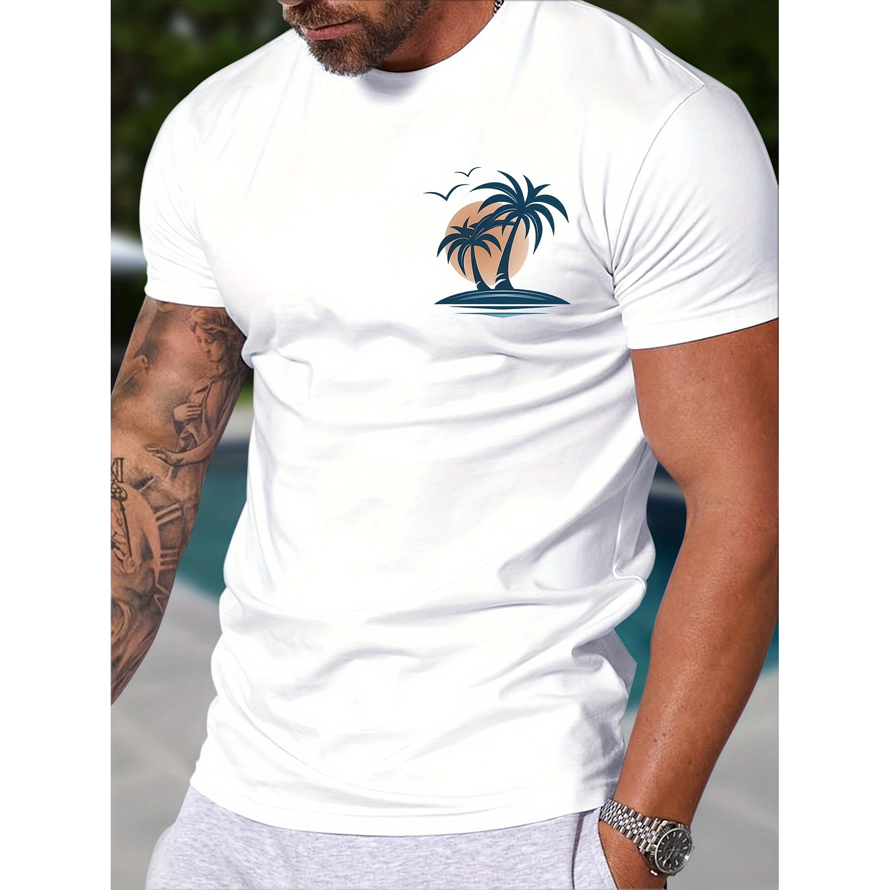 

Coconut Tree Graphic Print T-shirt Men's Casual Style Summer And Autumn Slightly Elastic Round Neck T-shirt