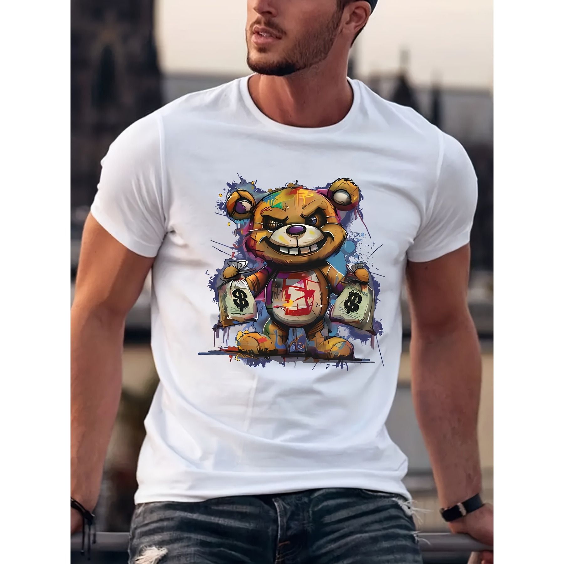 

Bear Graphic Print T-shirt Men's Casual Style Summer And Autumn Slightly Elastic Round Neck T-shirt