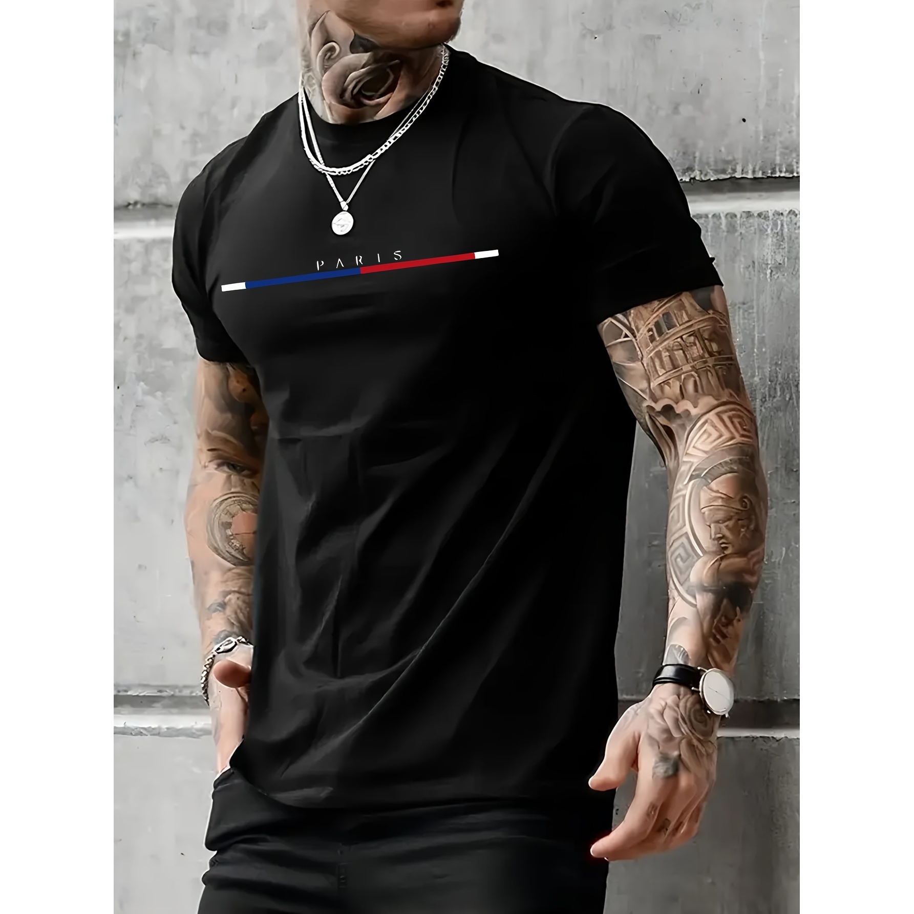 

Paris Letter Print T-shirt Men's Casual Style Summer And Autumn Slightly Elastic Round Neck T-shirt