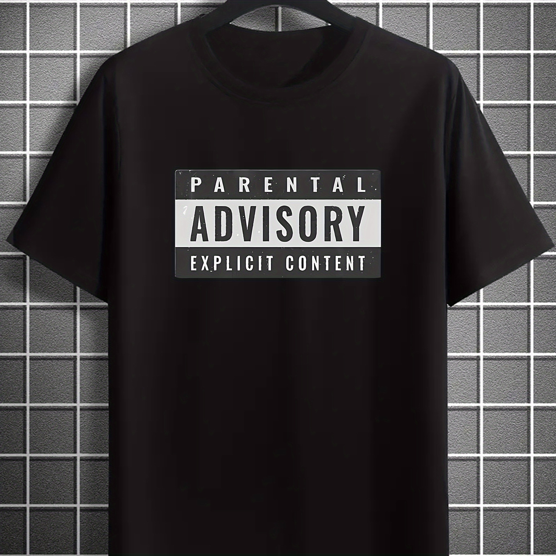 

Parental Advisory Explicit Content Letter Print Men's Crew Neck Short Sleeve T-shirt, Trendy Tees, Casual Comfortable Lightweight Top For Summer