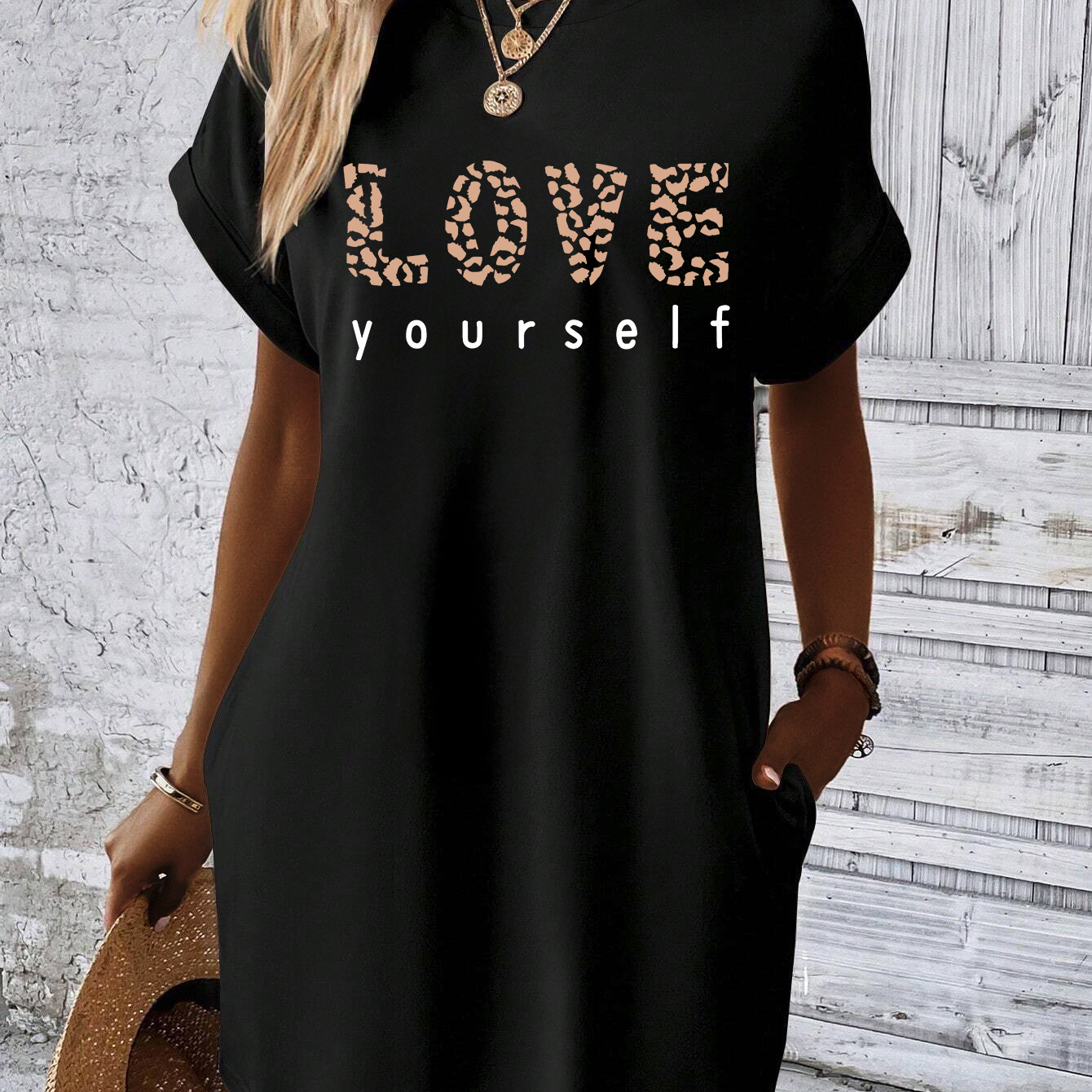 

Love Yourself Print Pocket Tee Dress, Batwing Sleeve Crew Neck Casual Dress For Summer & Spring, Women's Clothing