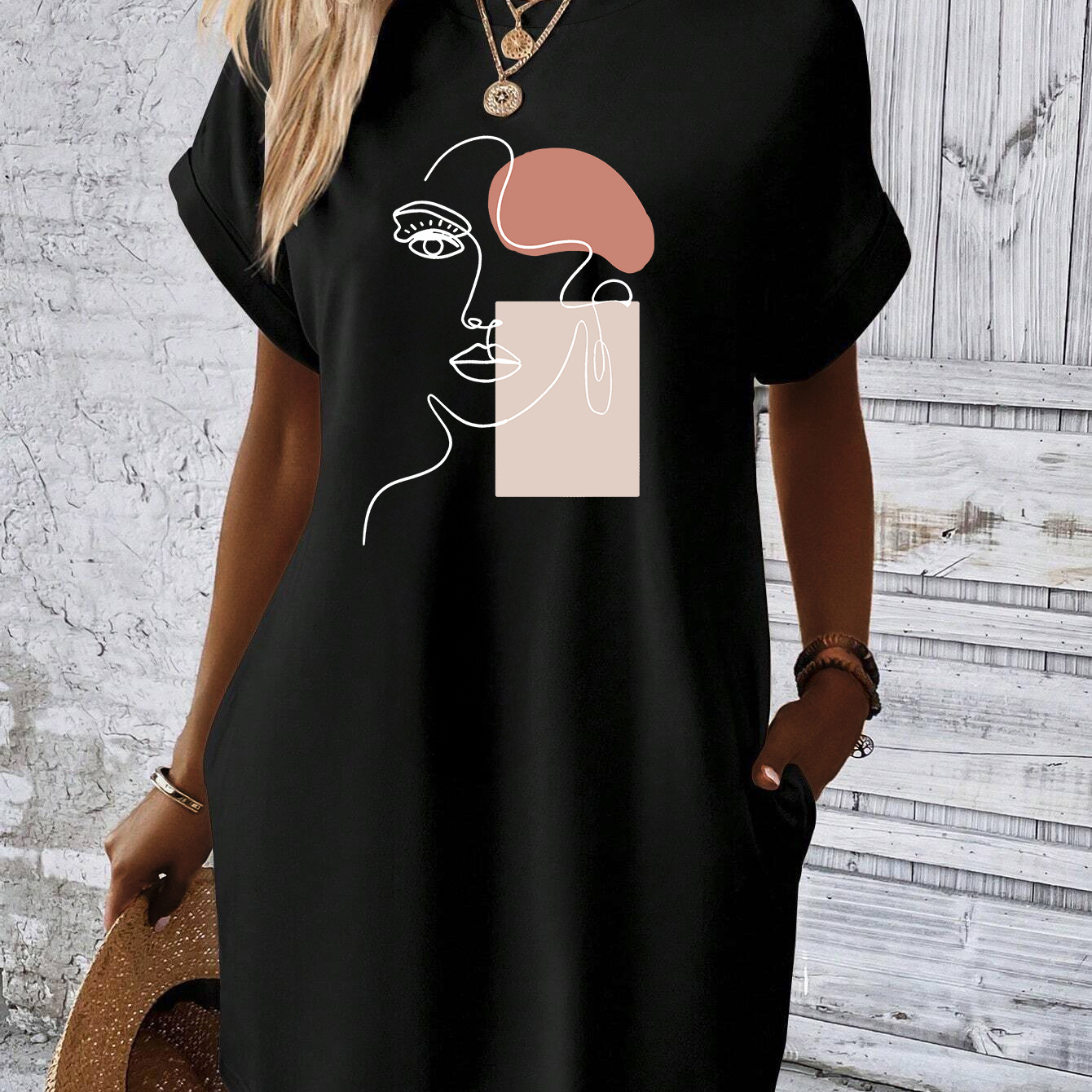 

Figure Print Pocket Tee Dress, Batwing Sleeve Crew Neck Casual Dress For Summer & Spring, Women's Clothing