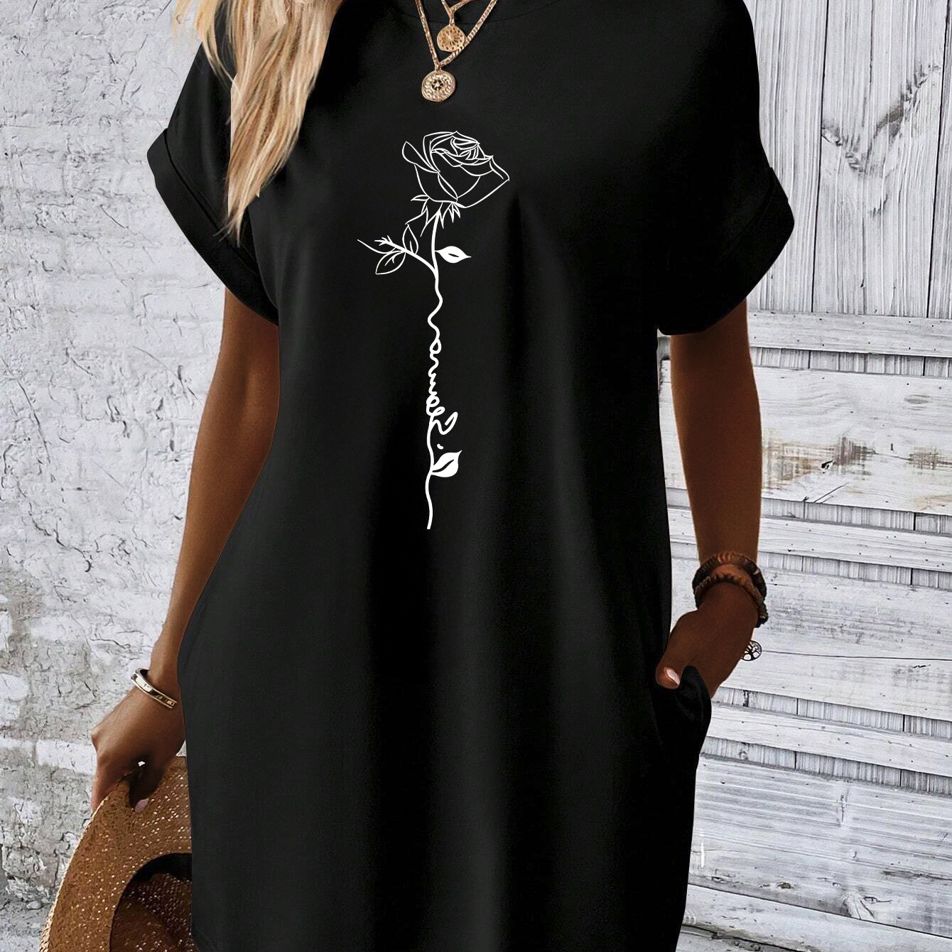 

Rose Print Tee Dress, Batwing Sleeve Crew Neck Casual Dress For Summer & Spring, Women's Clothing