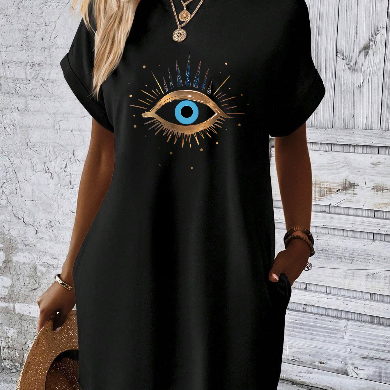 

Eye Print Tee Dress, Batwing Sleeve Crew Neck Casual Dress For Summer & Spring, Women's Clothing